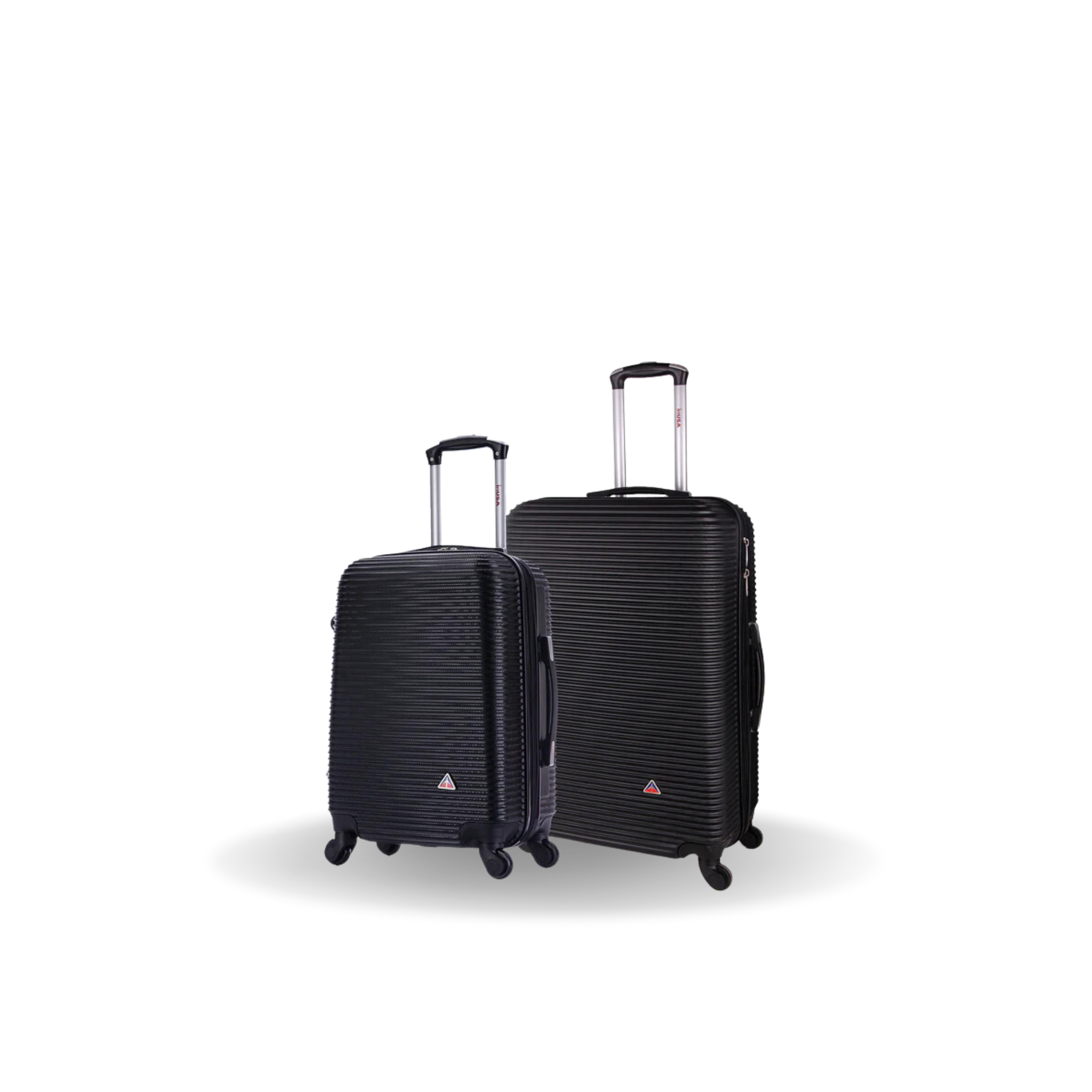 Two black suitcases of different sizes on a white background