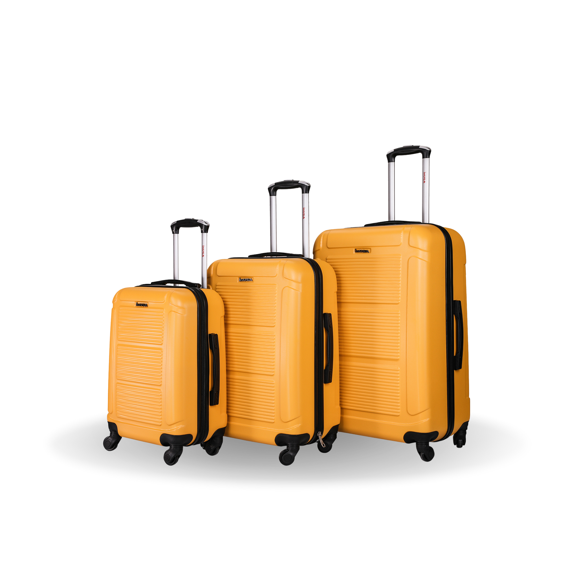 Three yellow suitcases of different sizes on a white background