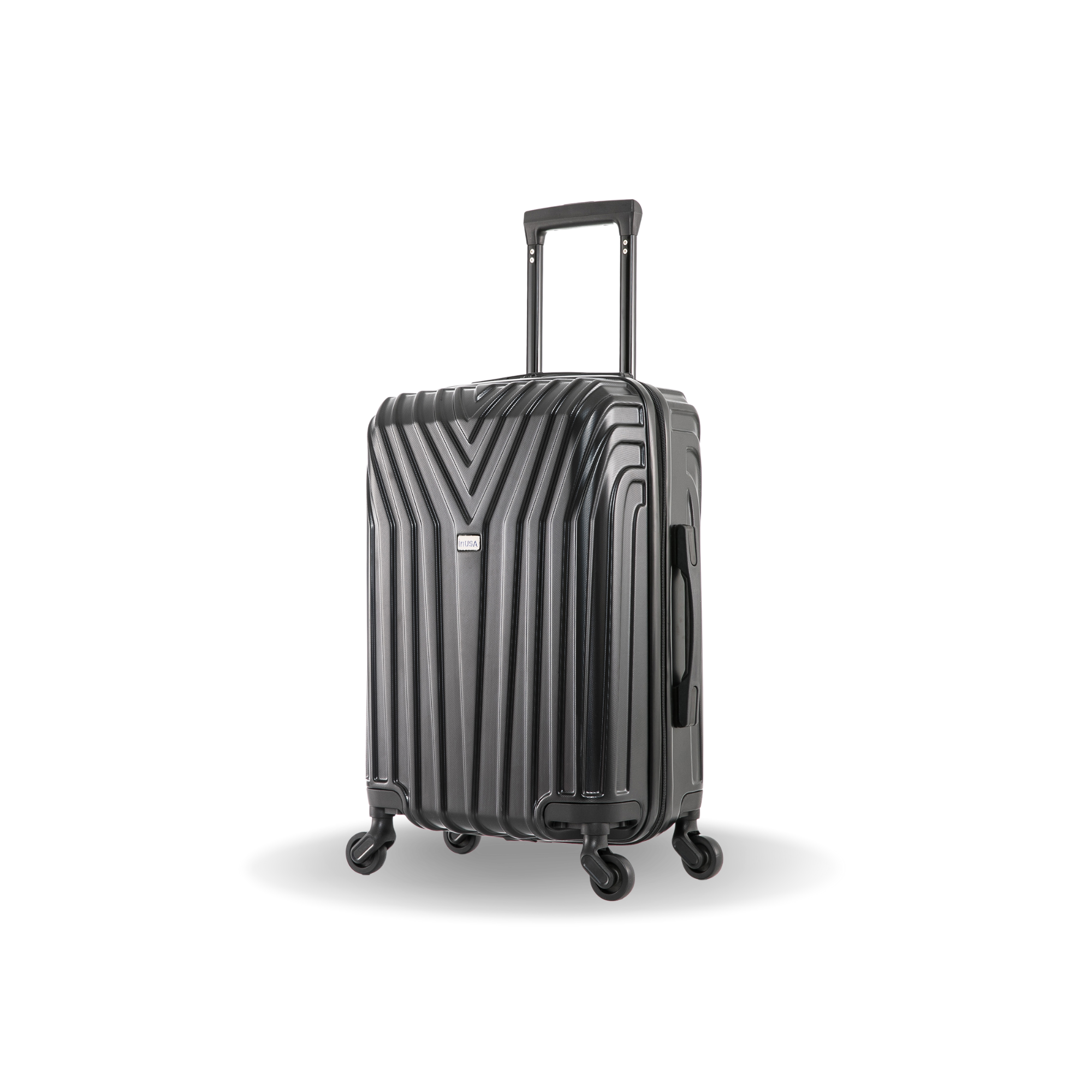 Black suitcase with a geometric pattern on a white background
