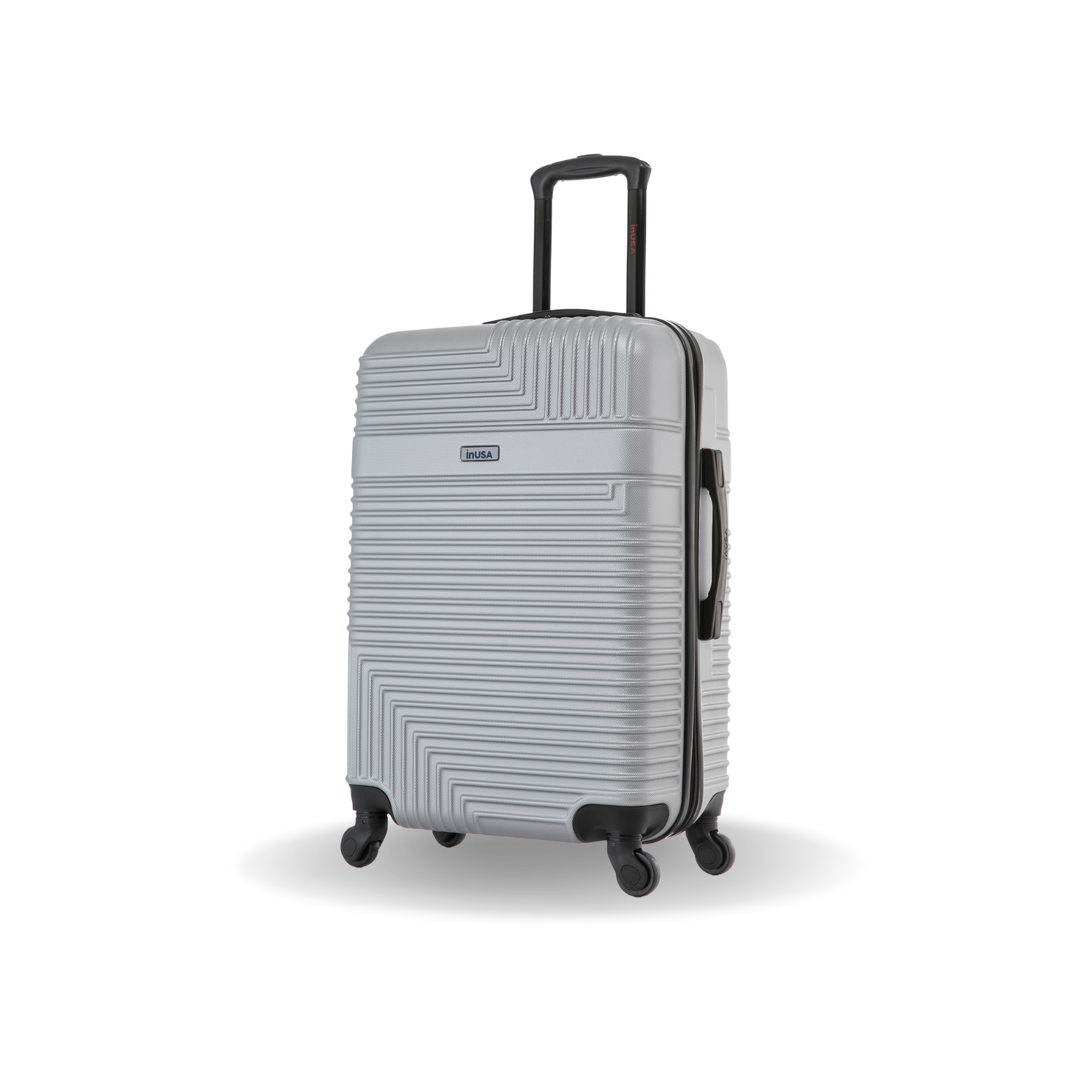Silver suitcase with geometric design on a white background