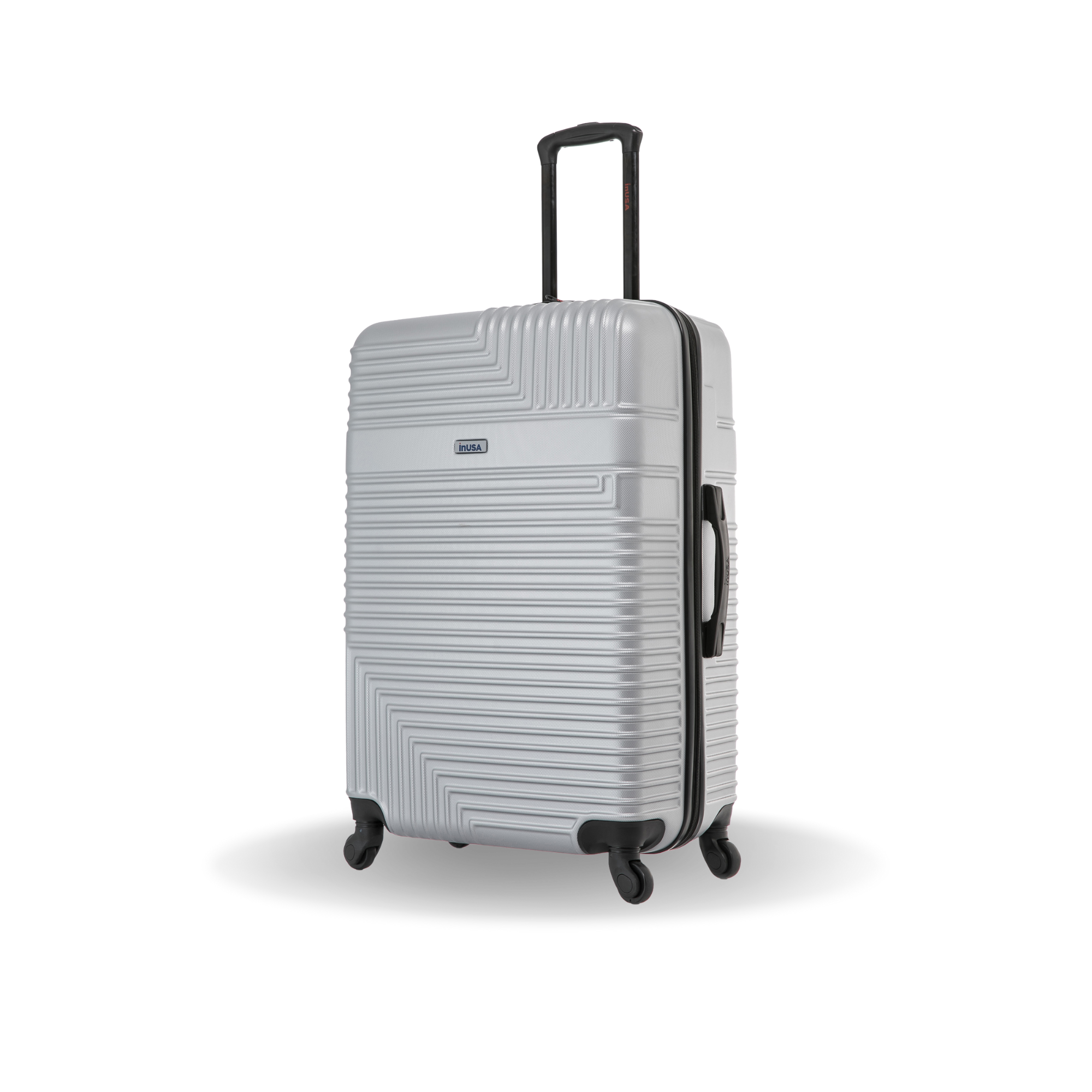Silver suitcase with black wheels and handle on a white background