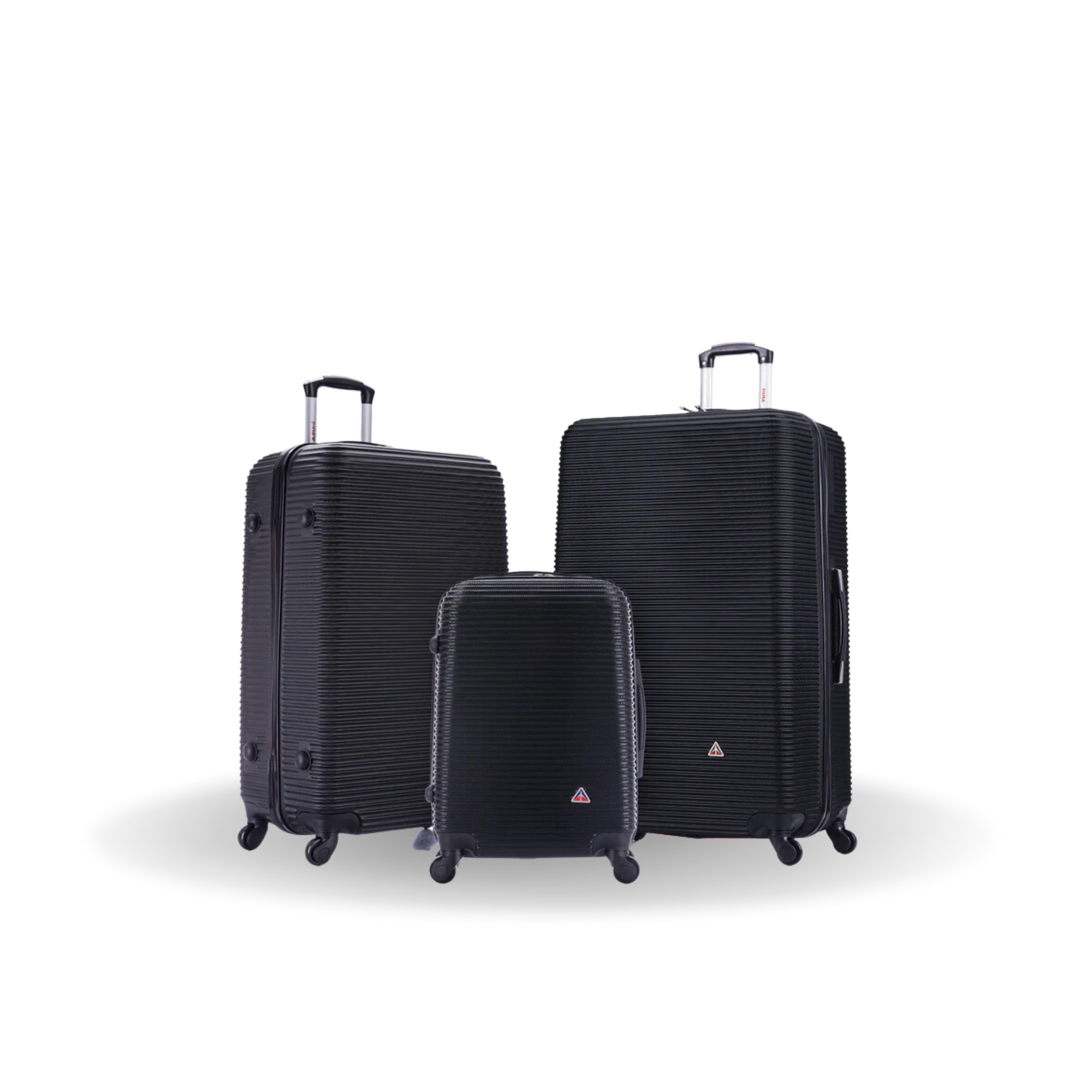 Set of three black suitcases of different sizes on a white background