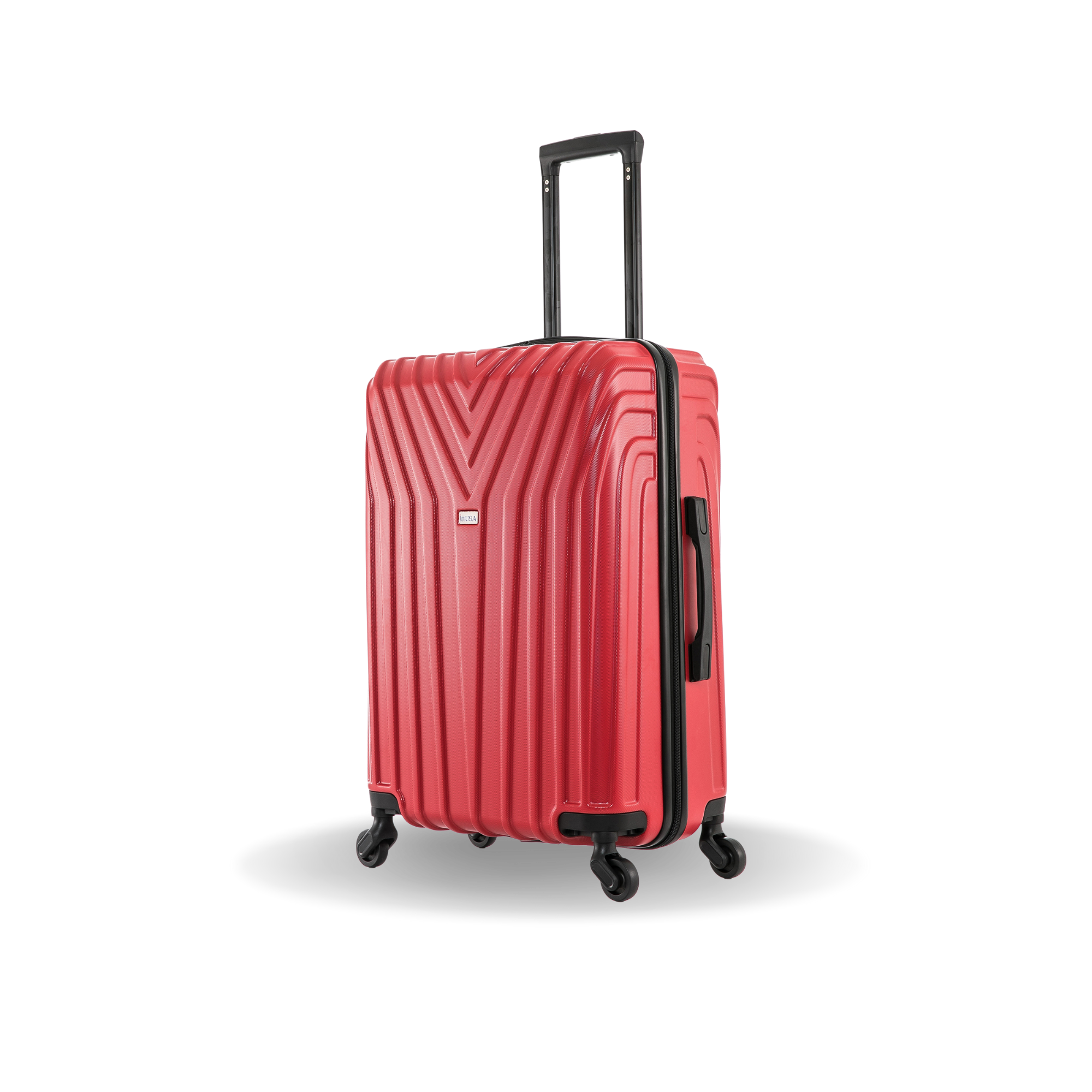 Red suitcase with a black handle and wheels on a white background
