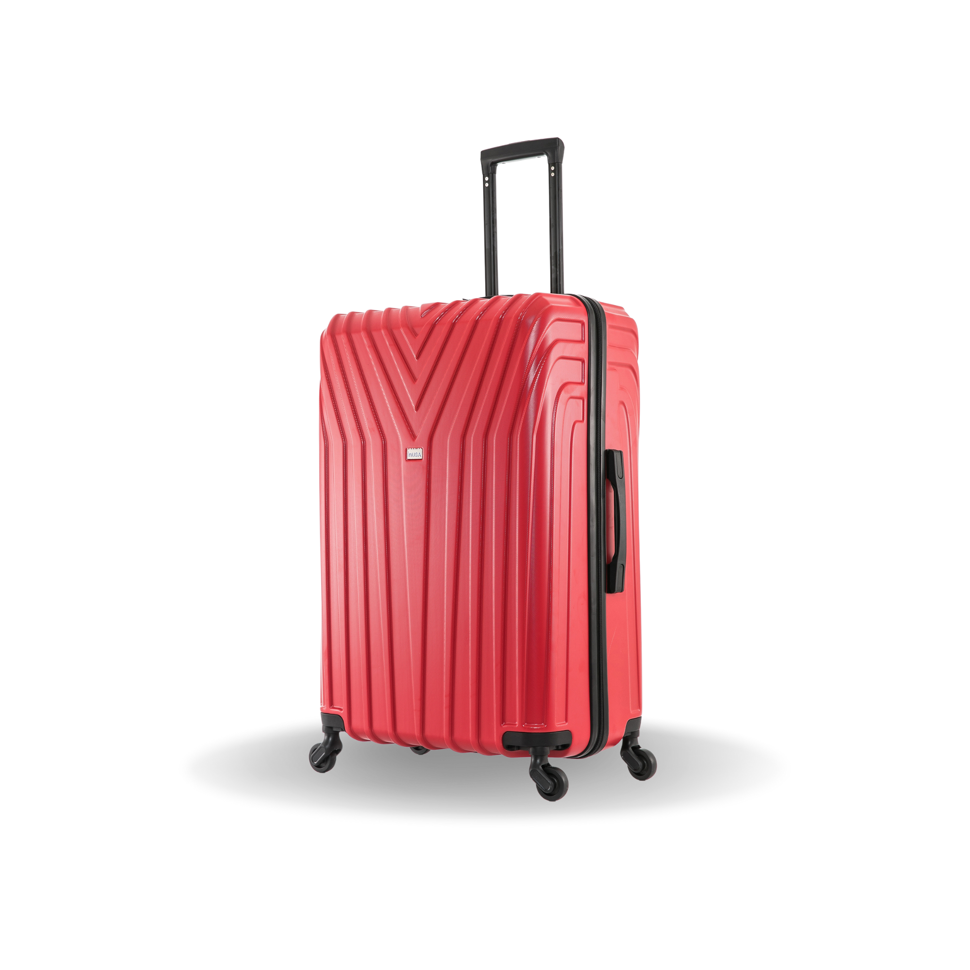 Red suitcase with black wheels and handle on a white background