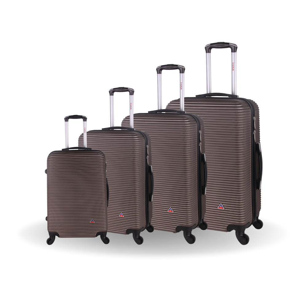 Set of five brown suitcases with wheels on a white background