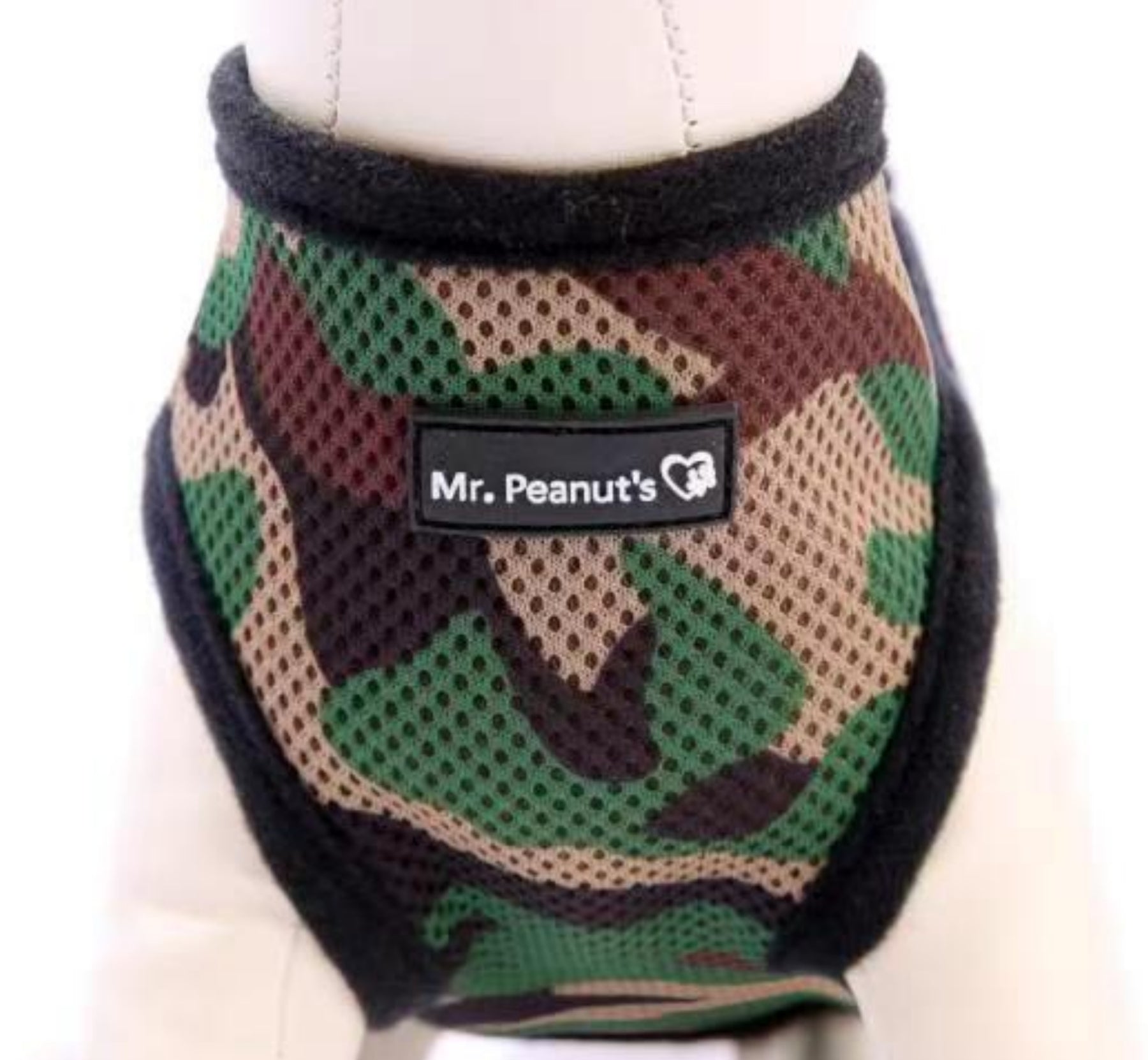 Camouflage-patterned pet harness with 'Mr. Peanut's' logo on a mannequin.