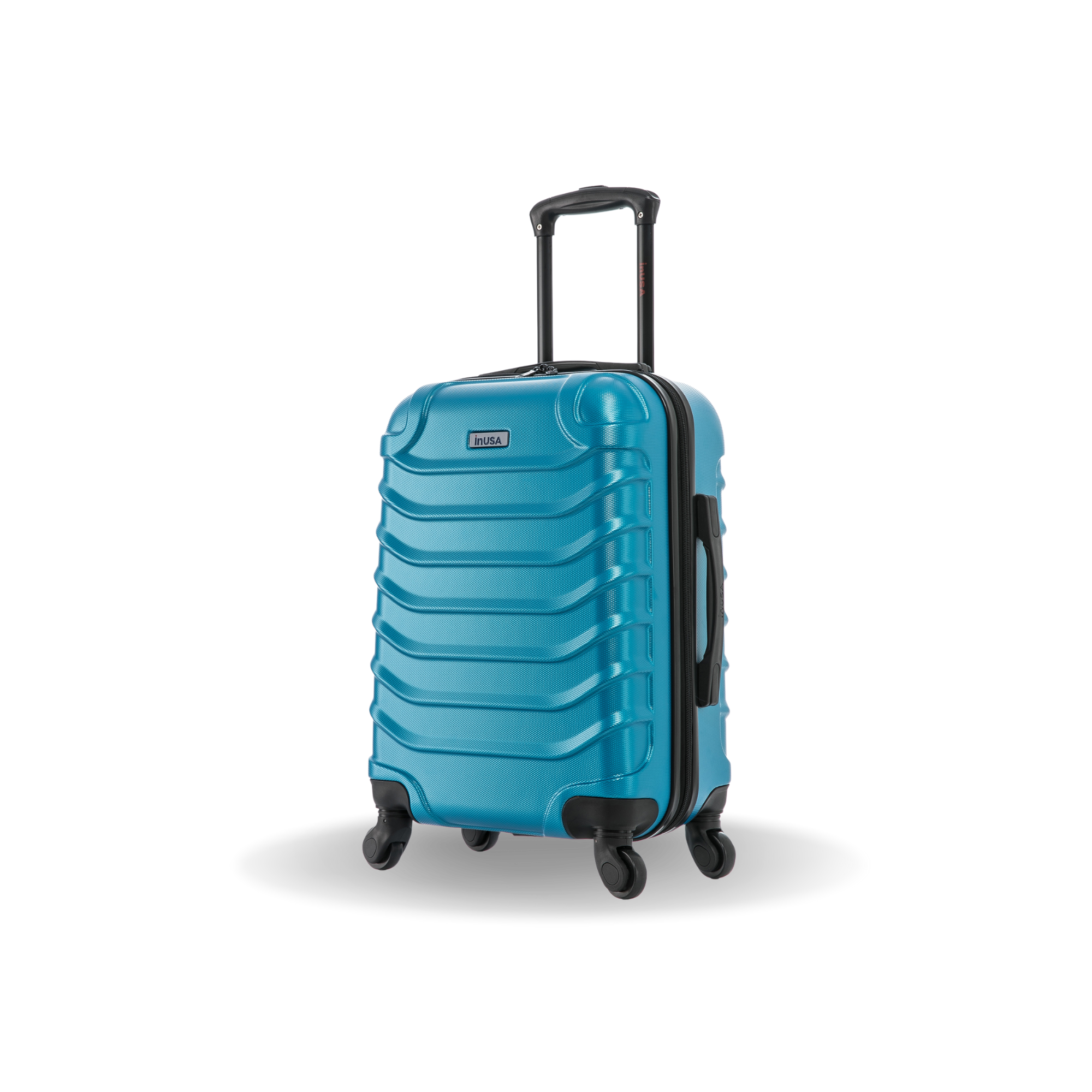 Blue suitcase with a black handle on a white background