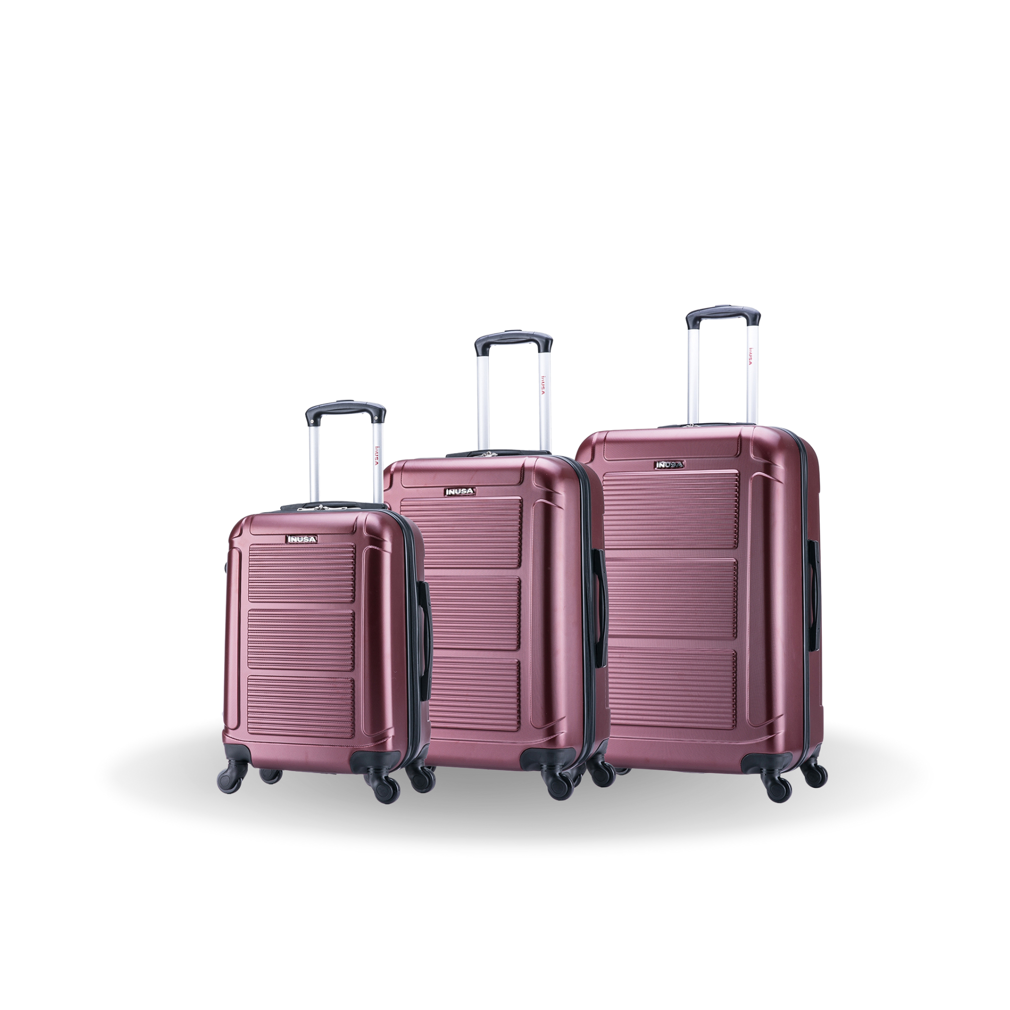 Set of three maroon suitcases of different sizes on a white background