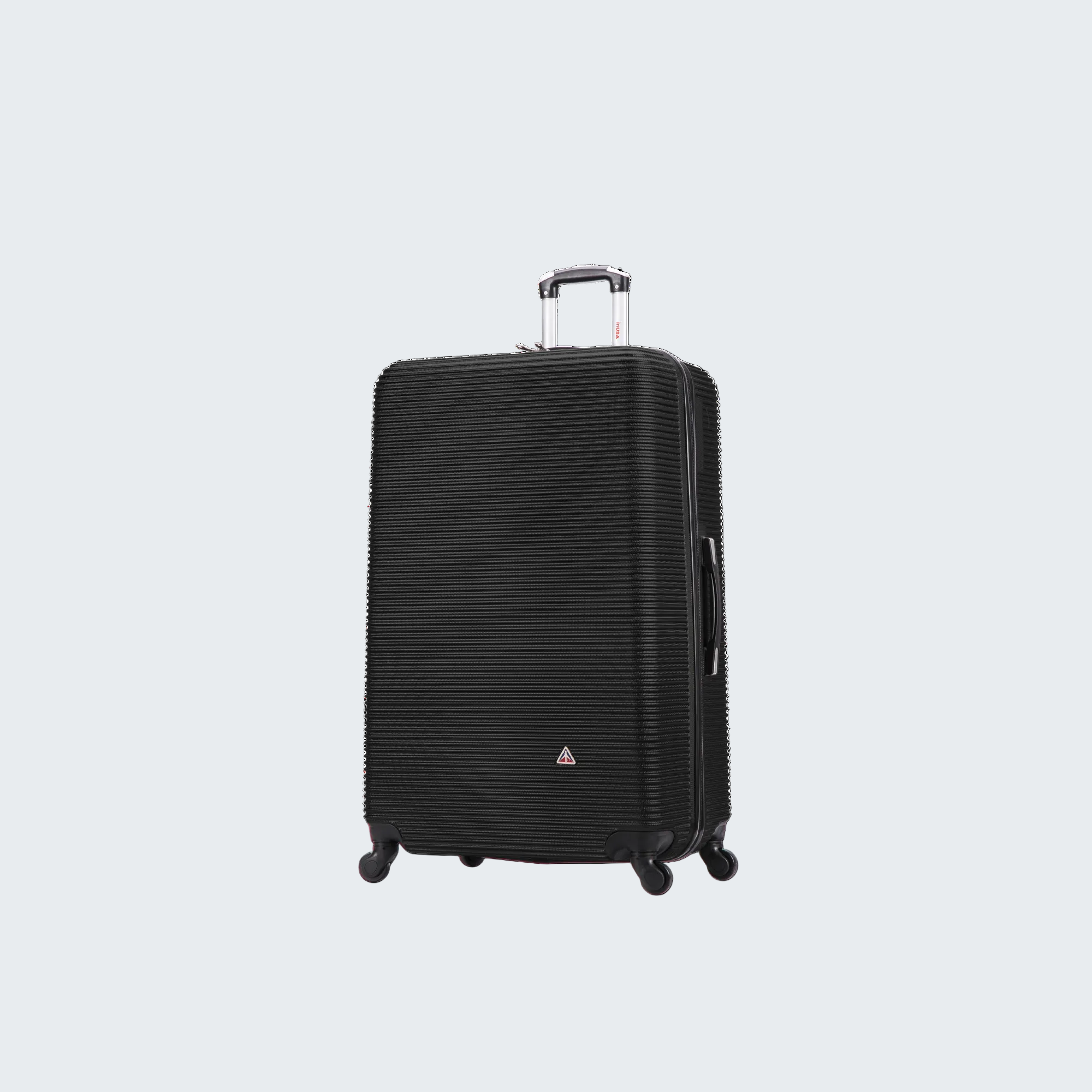 Black suitcase with a visible brand logo on a white background