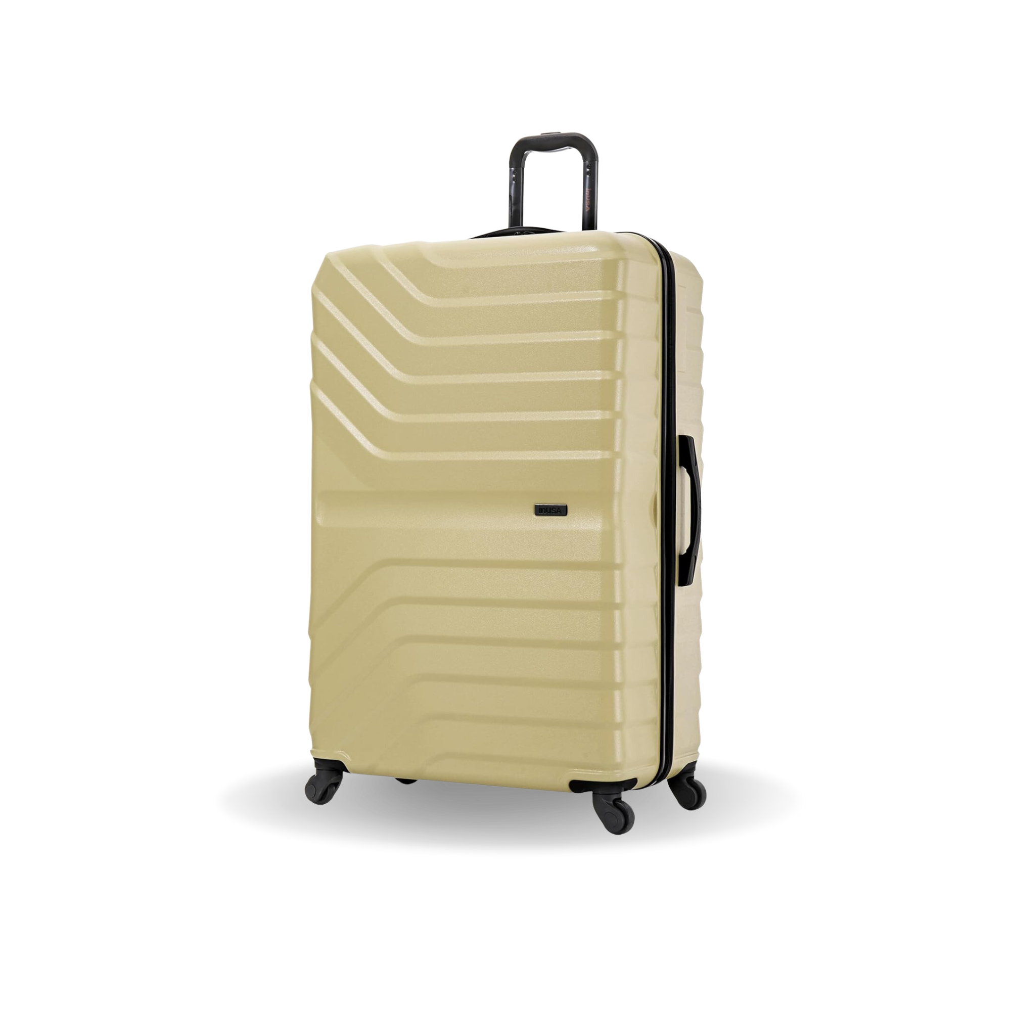 Beige suitcase with a textured surface on a white background