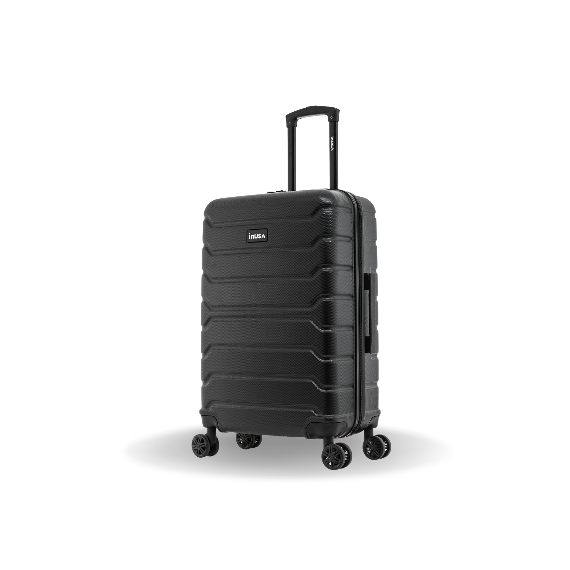 Black suitcase with wheels on a white background