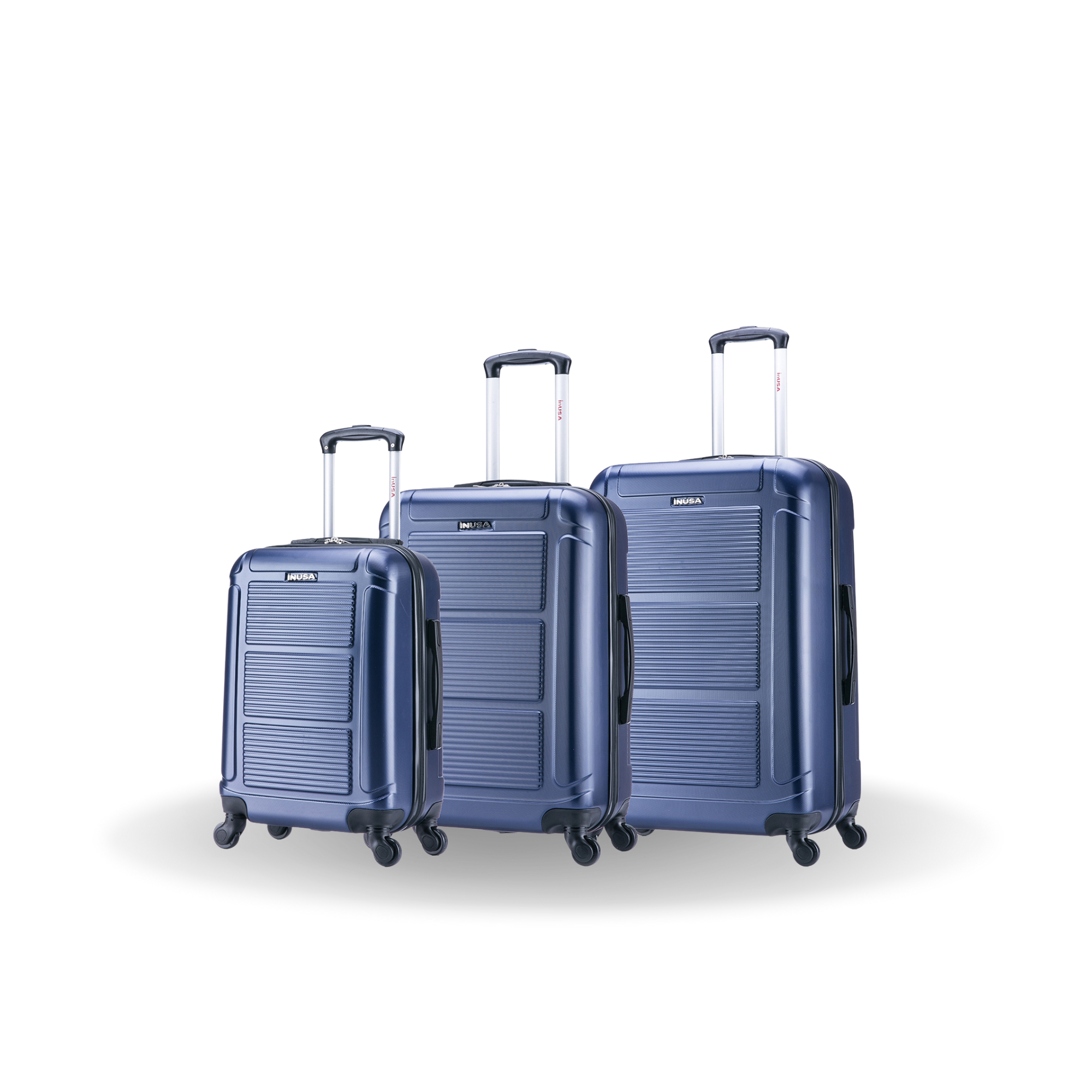 Set of three blue suitcases of different sizes on a white background