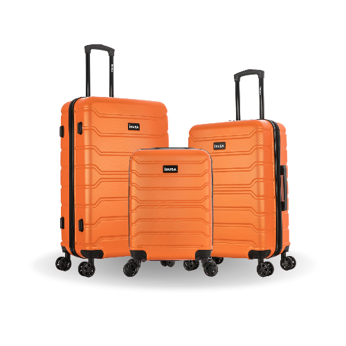 Three orange suitcases of different sizes with black handles and wheels on a white background.