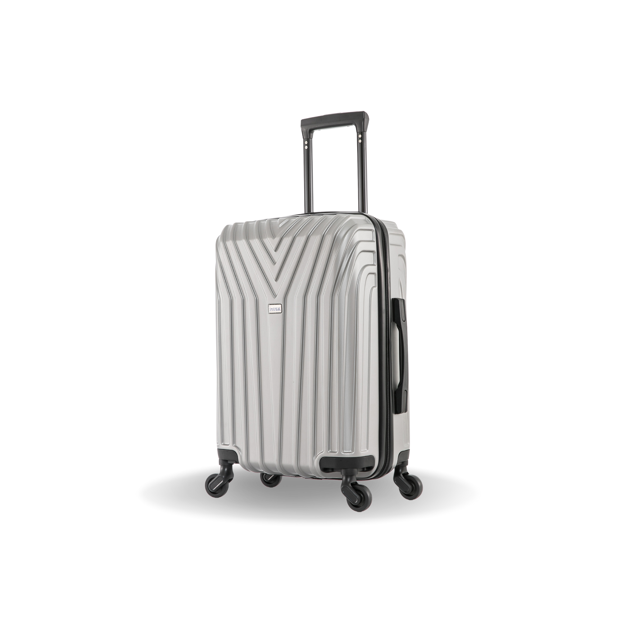 Silver suitcase with black wheels on a white background