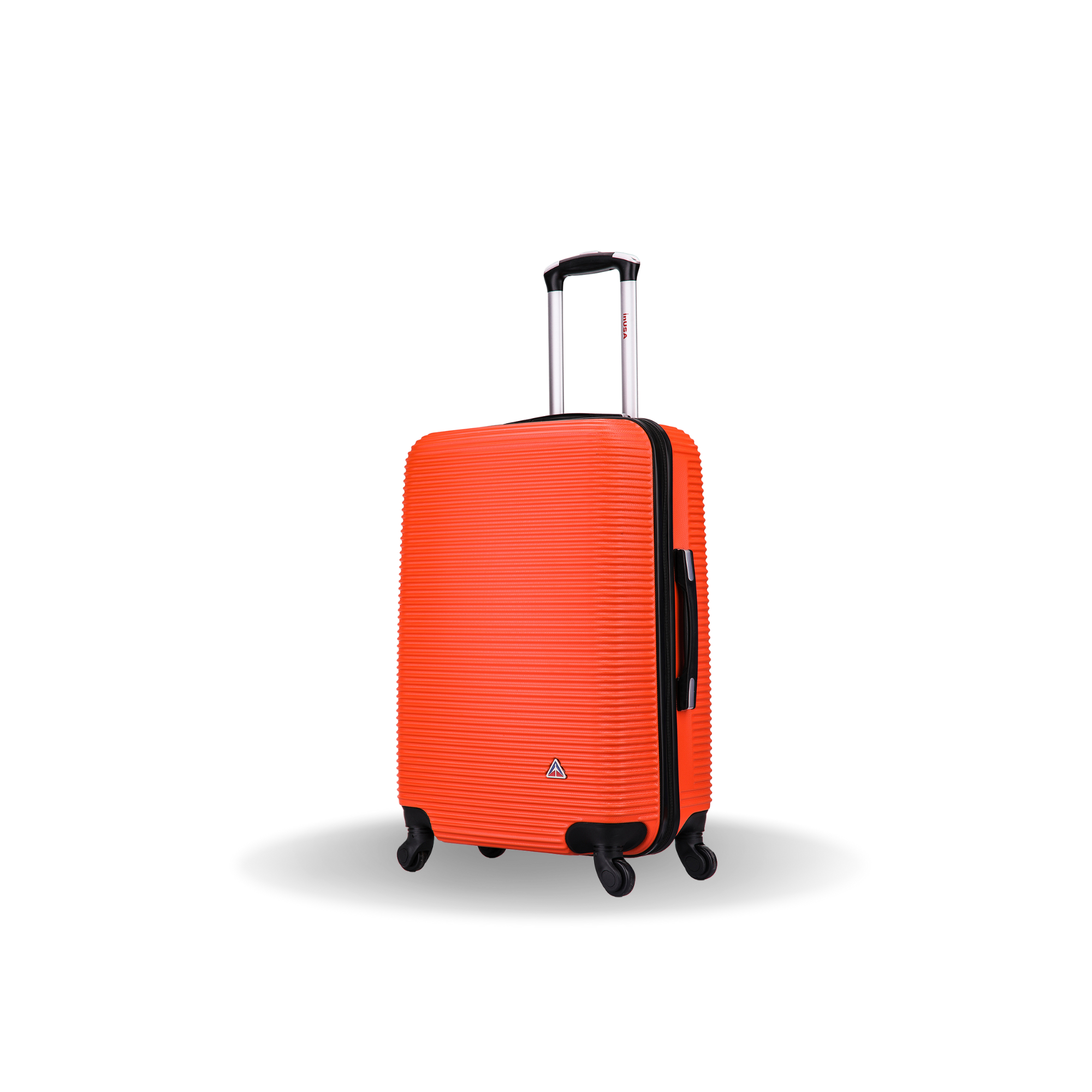 Orange suitcase with a visible brand logo on a white background