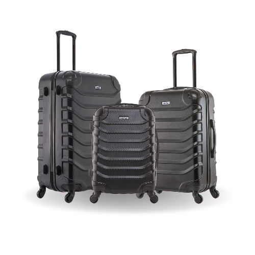 Set of three black suitcases of different sizes on a white background