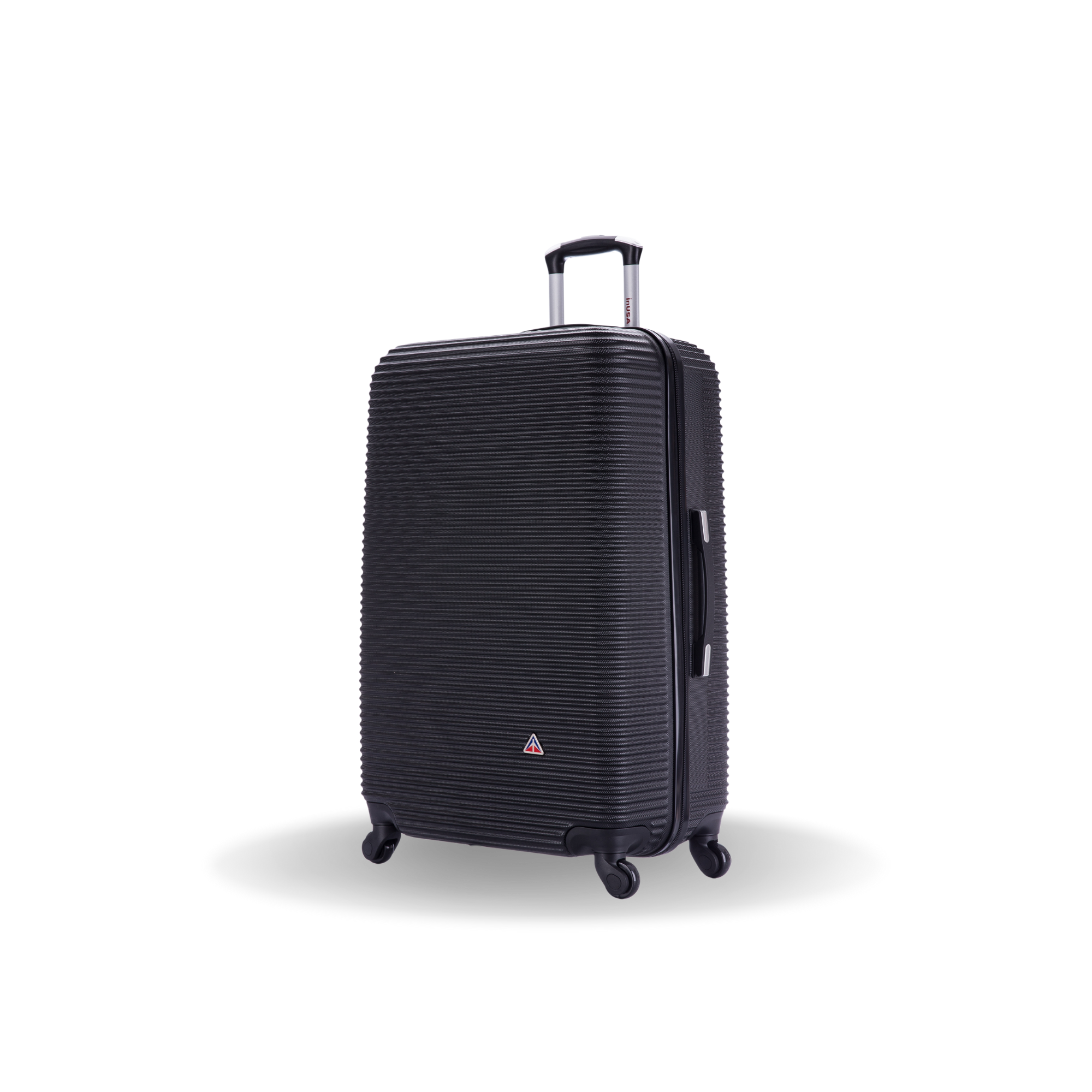 Black suitcase with a textured surface on a white background
