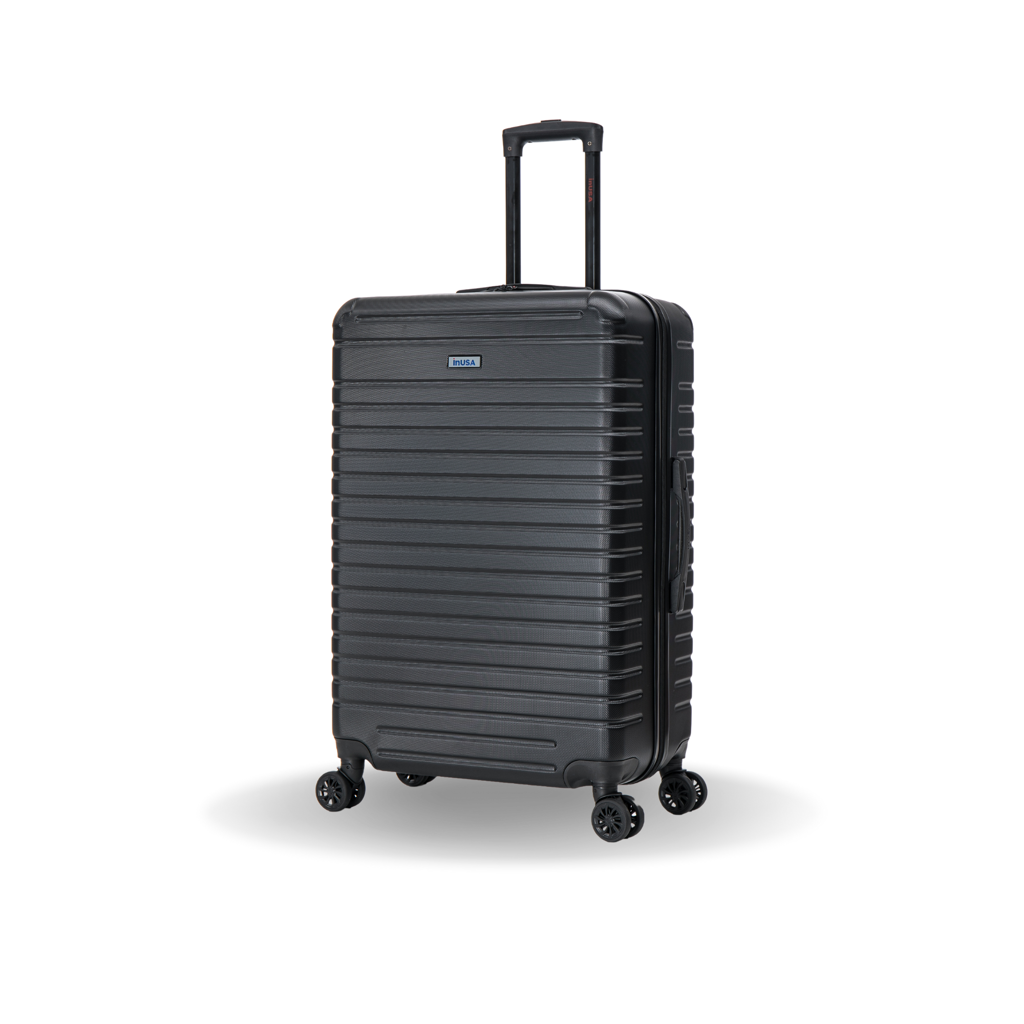 Black suitcase with a visible brand logo on a white background