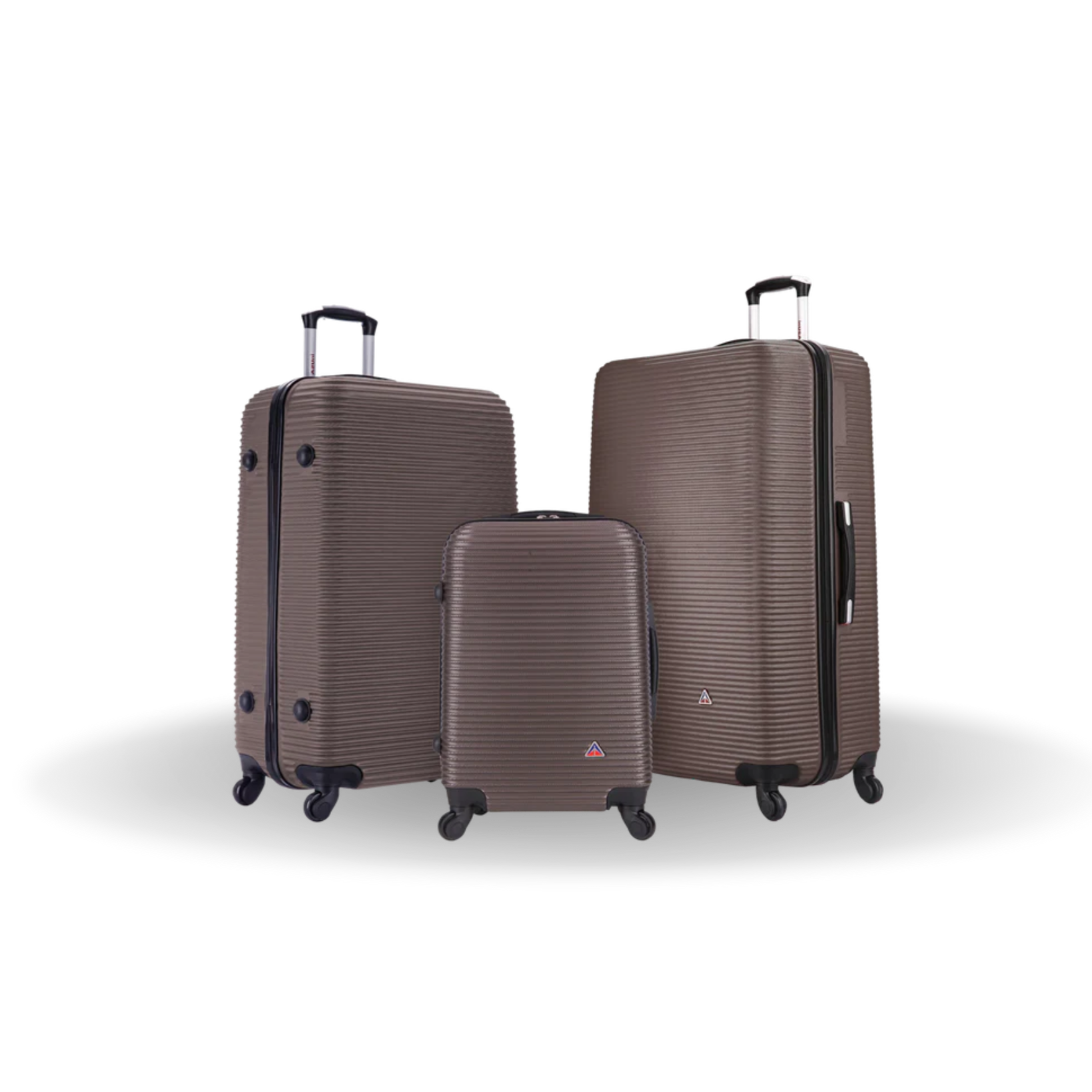 Set of three brown suitcases of different sizes on a white background
