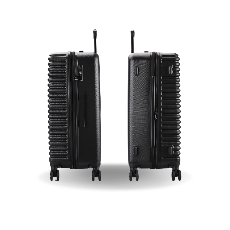 Two black suitcases side by side on a white background