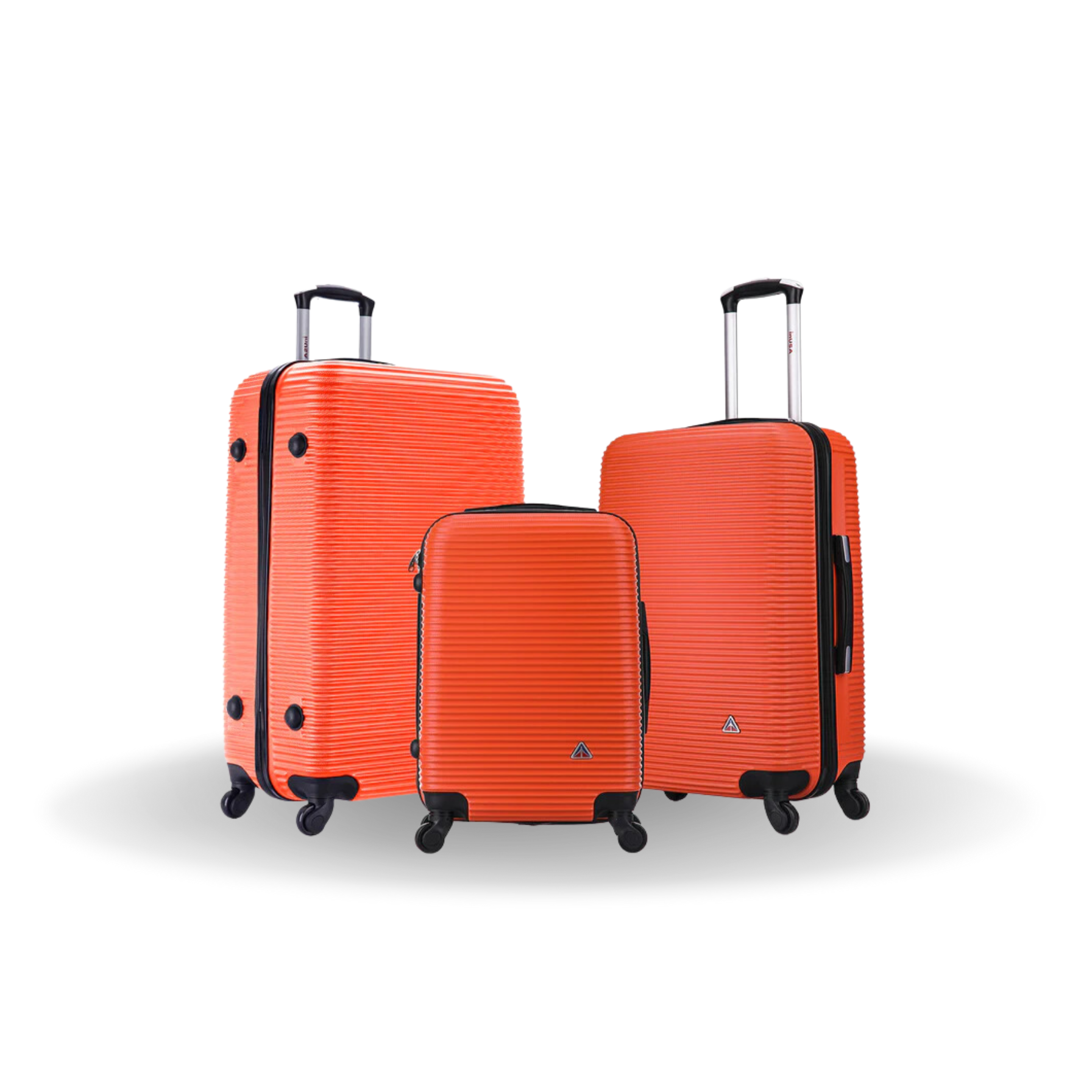 Set of three orange suitcases with black wheels on a white background