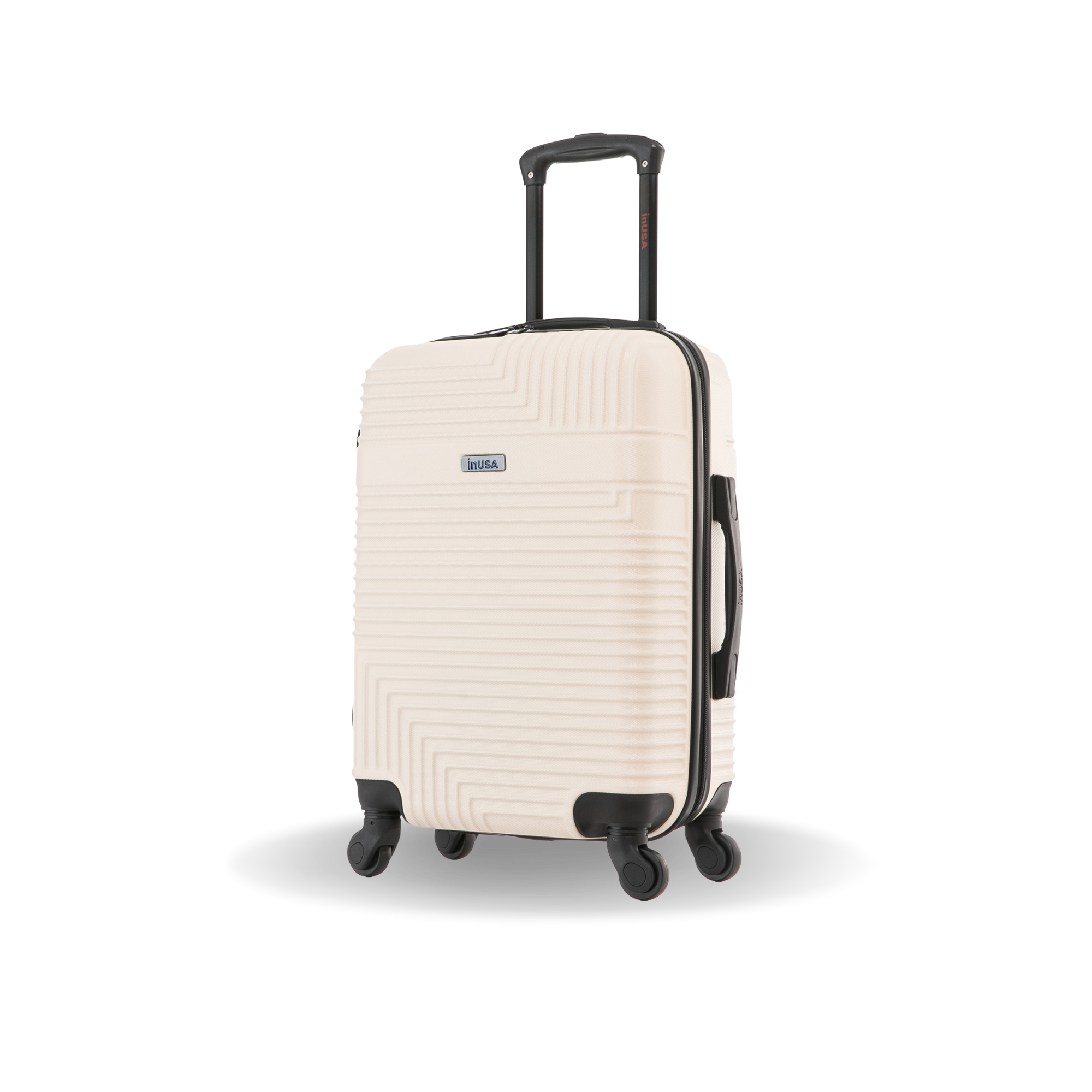 Beige suitcase with black wheels and handle on a white background