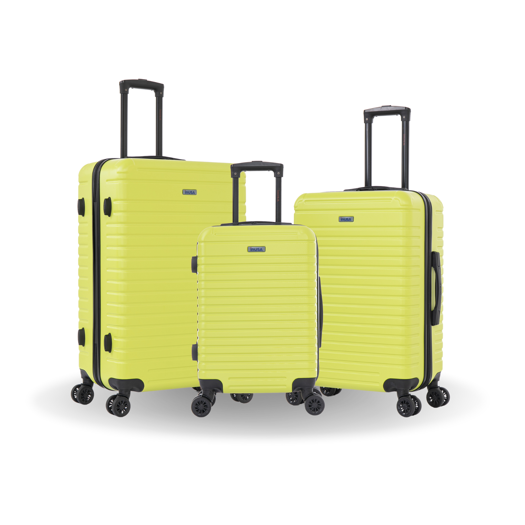 Three lime green suitcases of different sizes on a white background