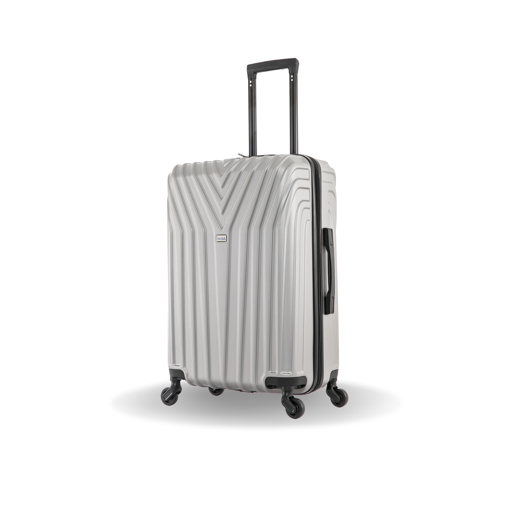 Silver suitcase with a striped pattern on a white background