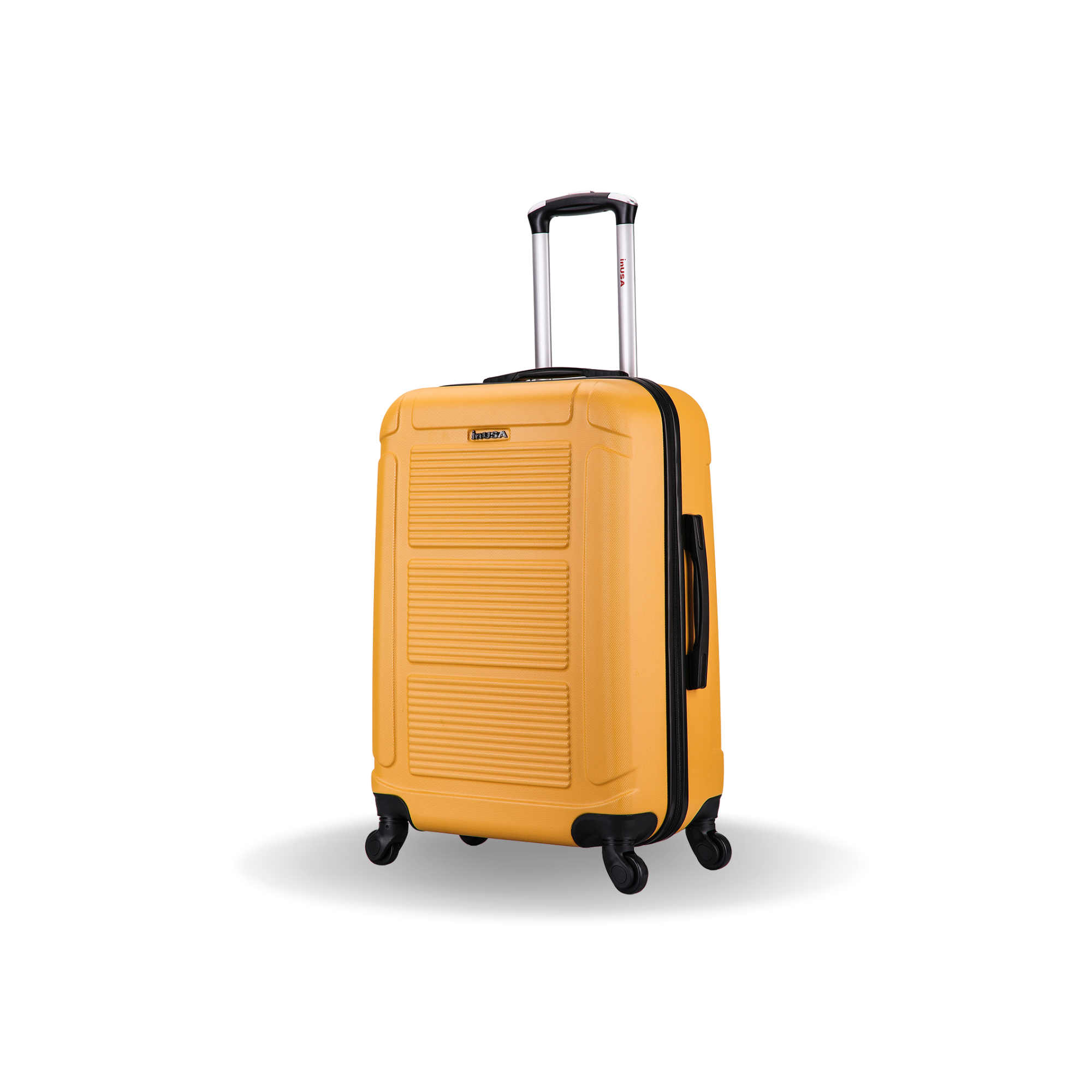 Yellow suitcase with a brand logo on a white background