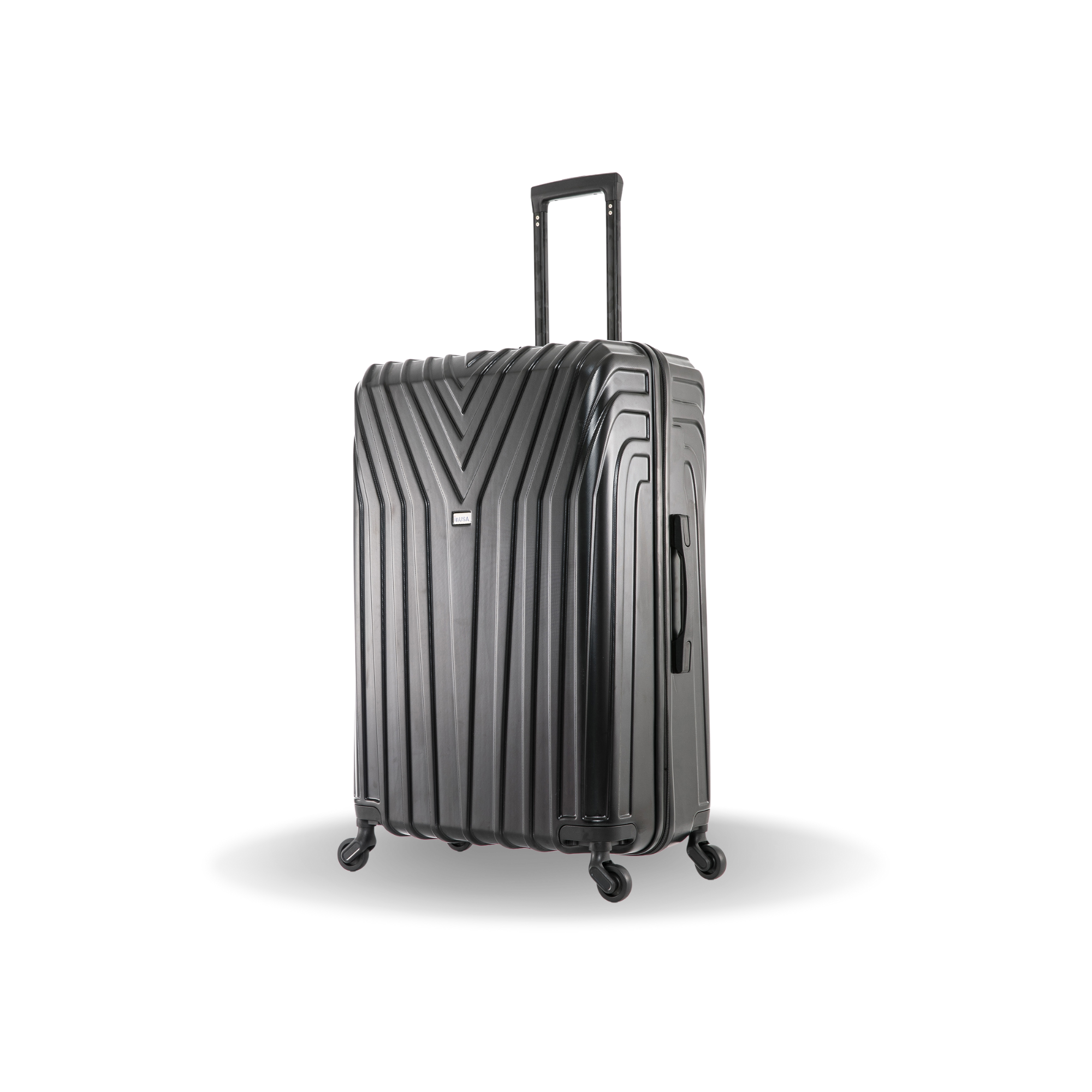 Black suitcase with a geometric pattern on a white background