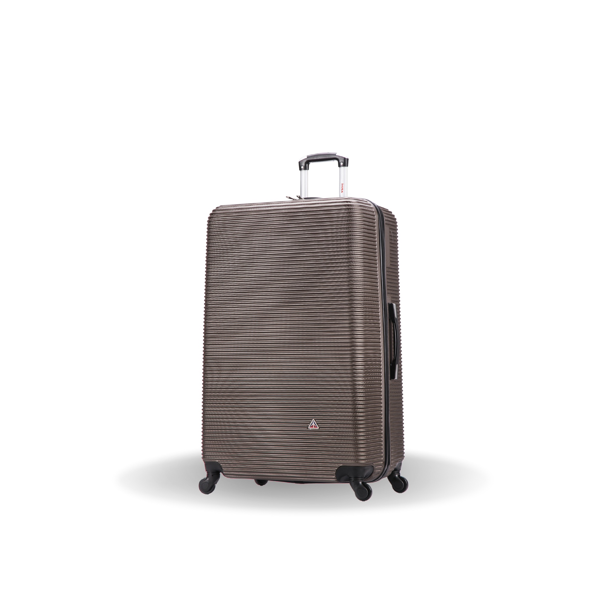Brown textured suitcase with wheels on a white background