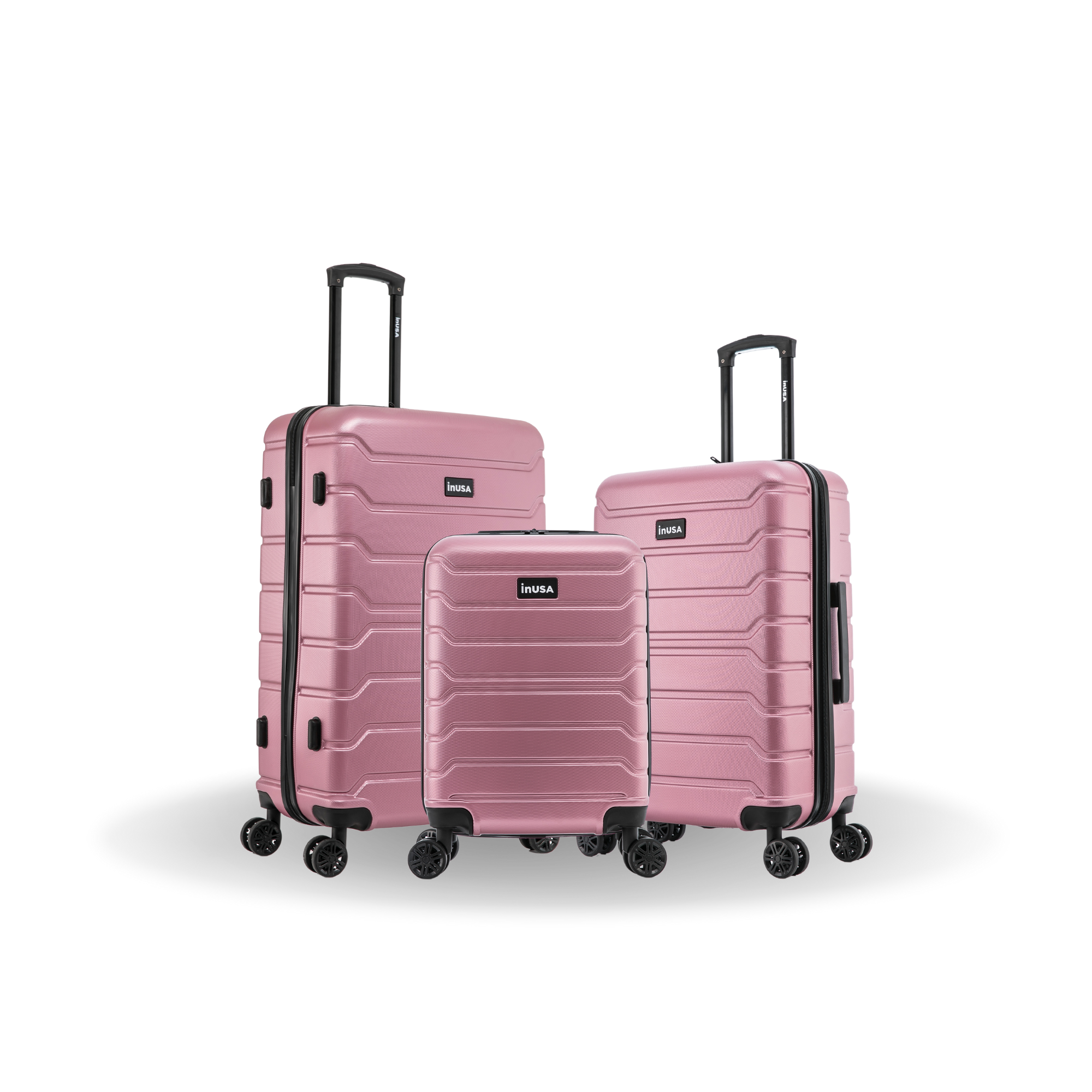 Set of three pink suitcases with black wheels on a white background
