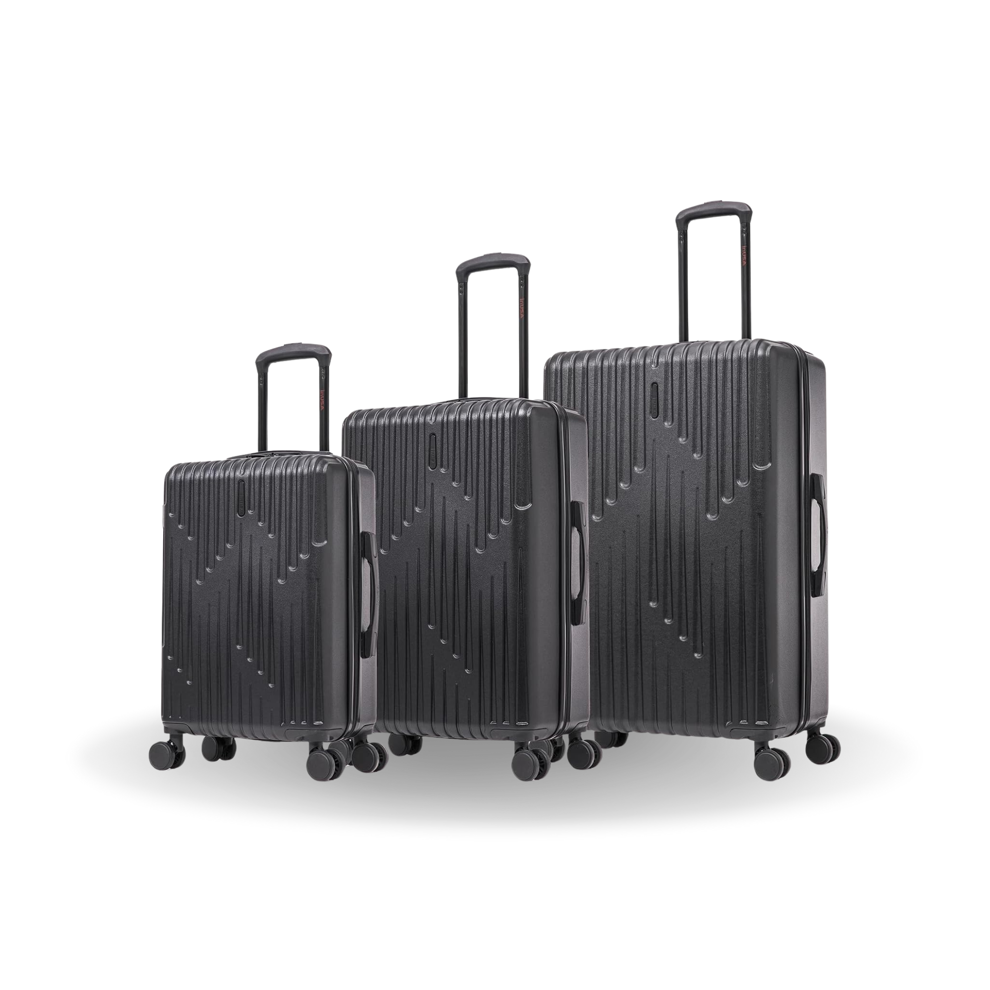 Set of three black suitcases of different sizes on a white background