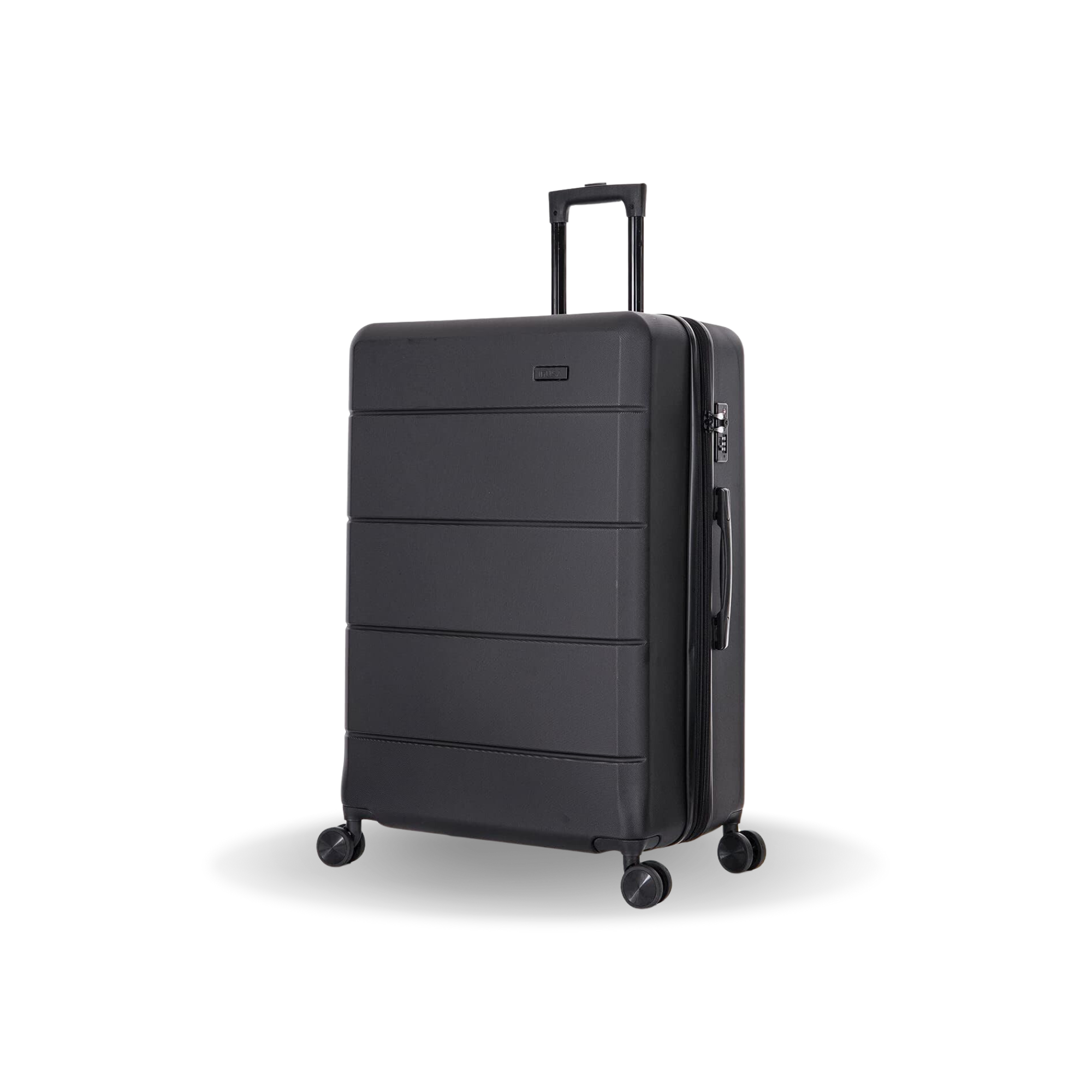 Black suitcase with wheels on a white background