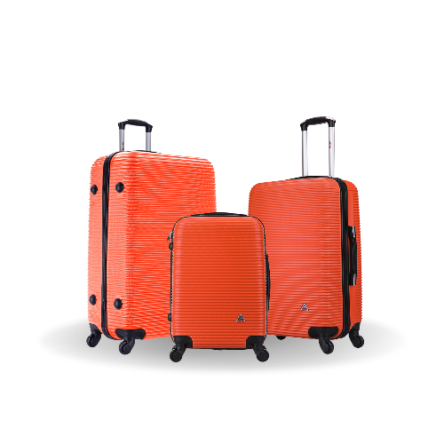 Set of three orange suitcases with black wheels on a white background