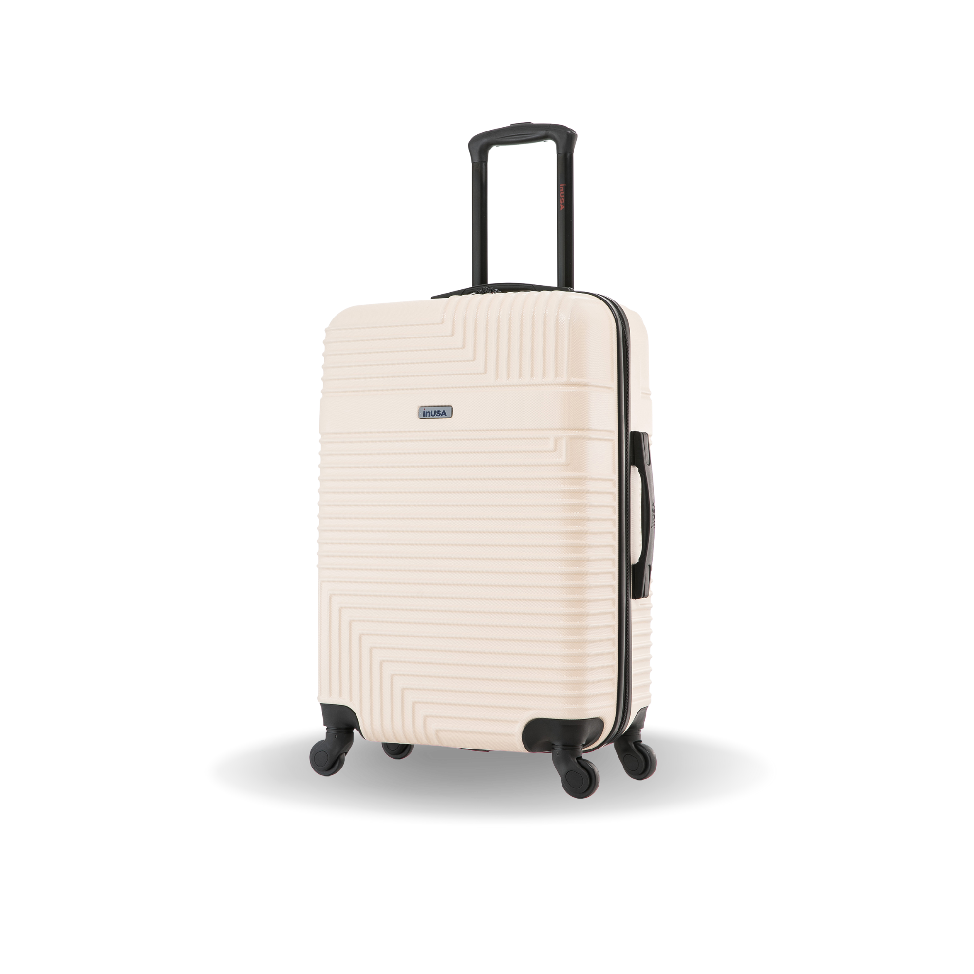 Beige suitcase with black wheels and handle on a white background