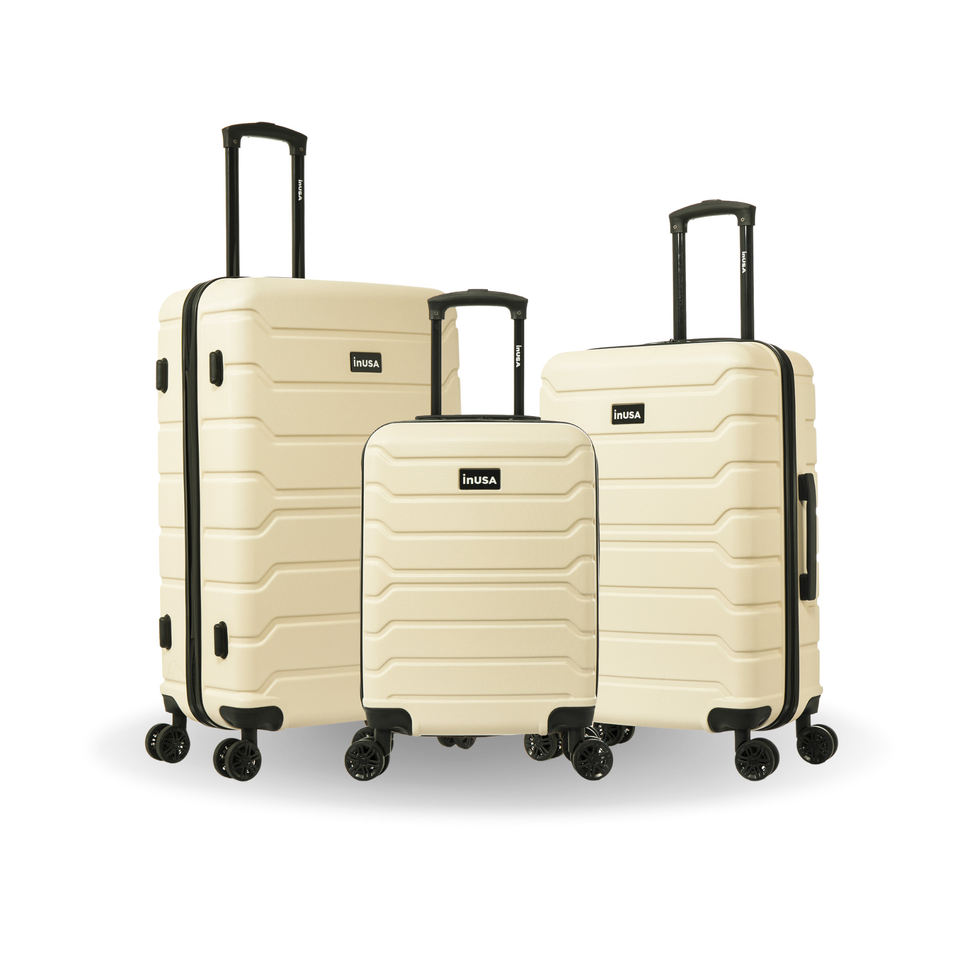 Set of three beige suitcases with black wheels on a white background