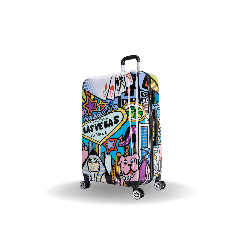 Colorful suitcase with Las Vegas-themed design on a white background
