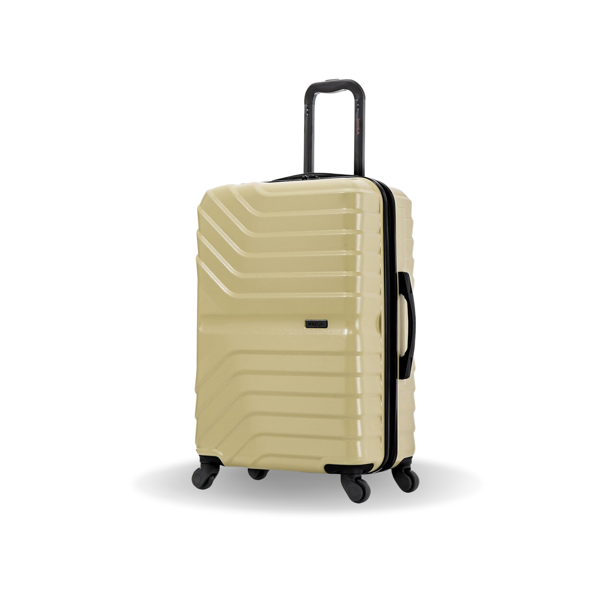 Beige suitcase with black handle and wheels on a white background