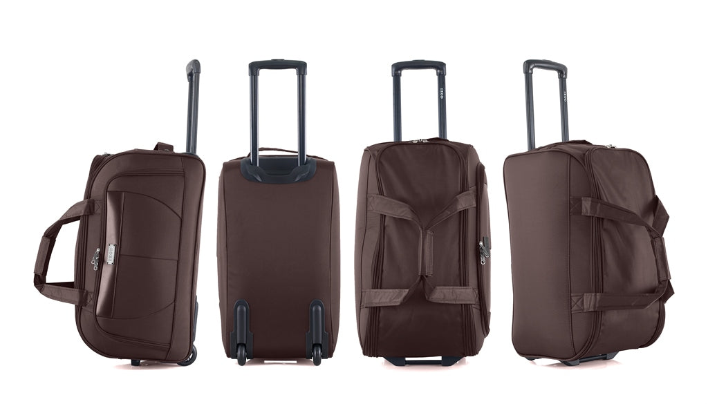 Four brown suitcases of different sizes on a white background