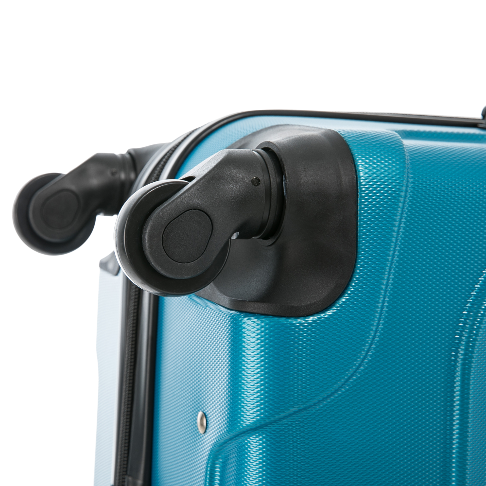 Close-up of a blue suitcase handle on a white background