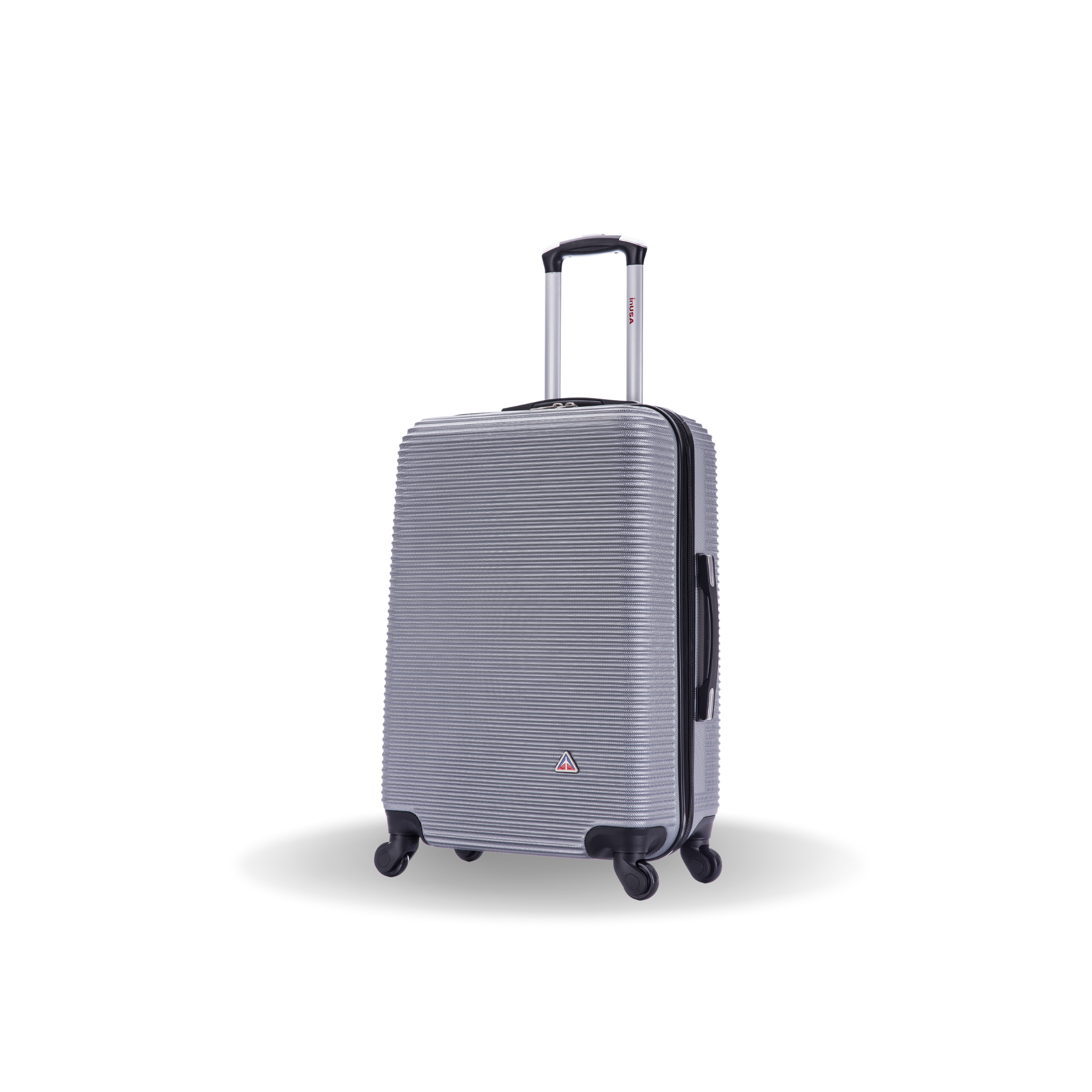 Silver suitcase with a visible brand logo on a white background