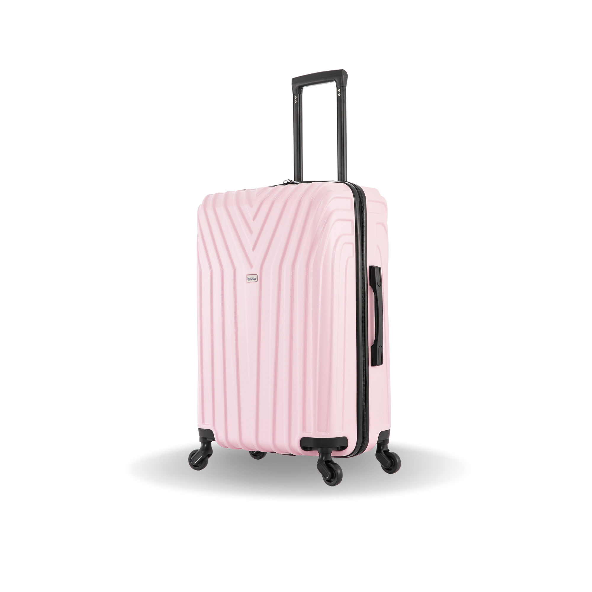 Pink suitcase with a striped pattern on a white background