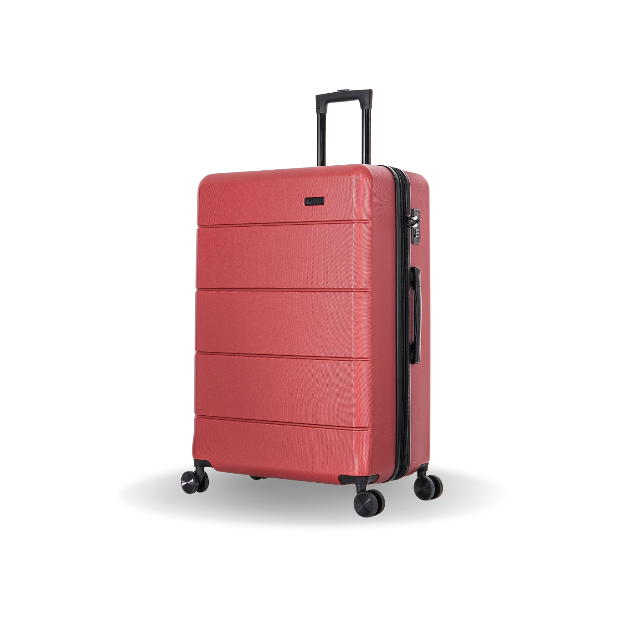 Red suitcase with black wheels and handle on a white background