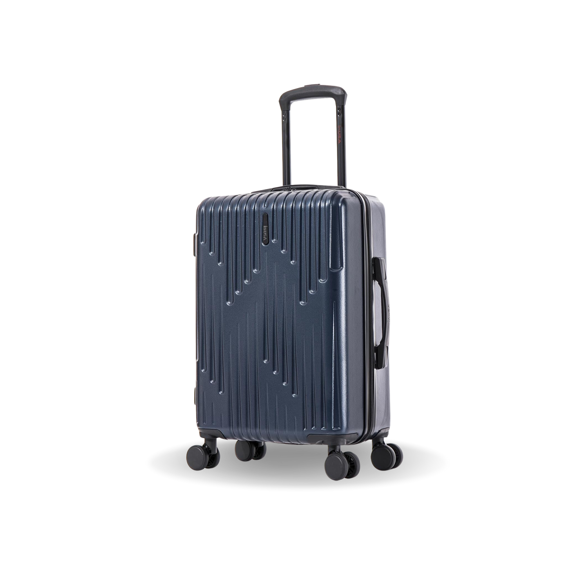 Blue suitcase with a textured surface on a white background