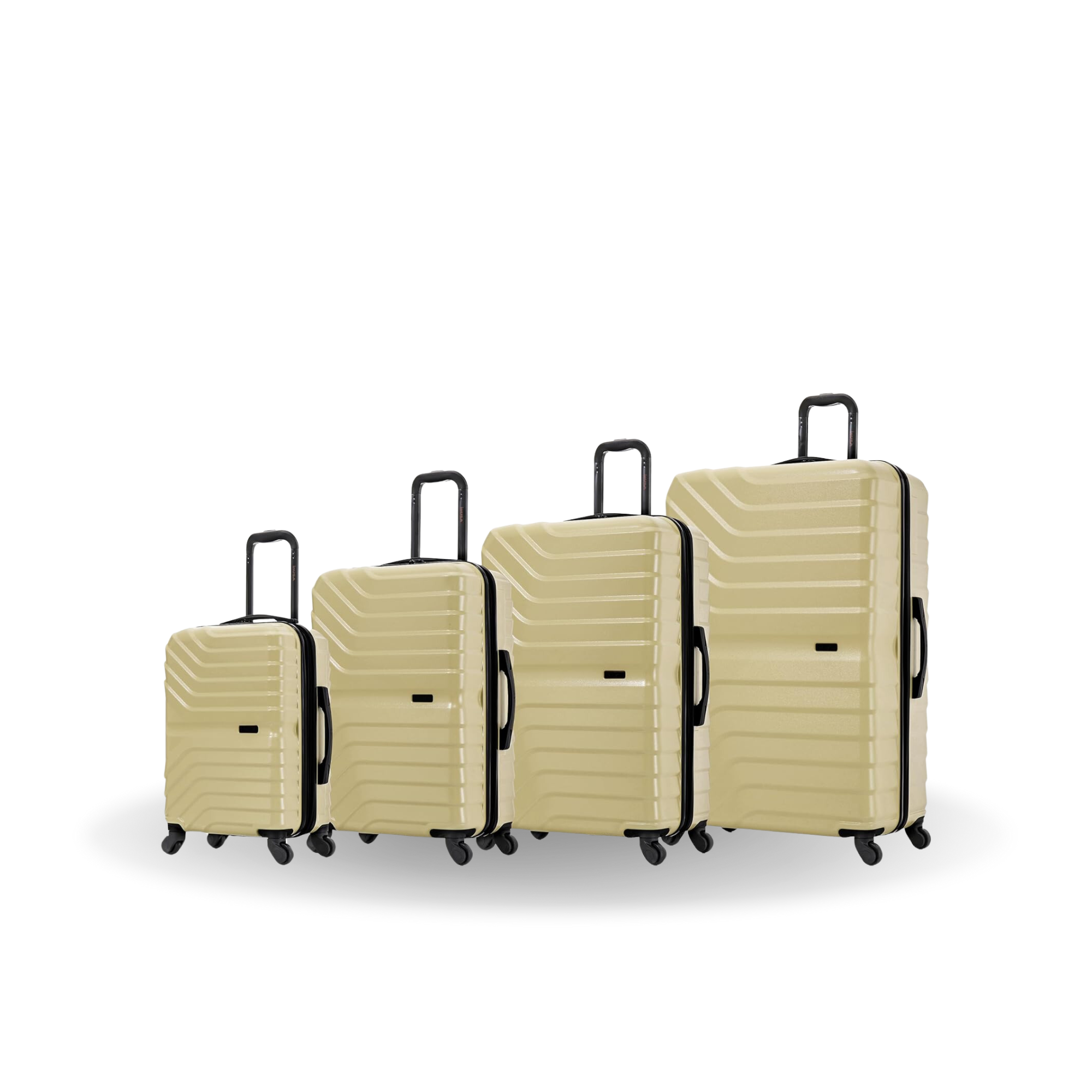 Set of four beige suitcases of different sizes on a white background