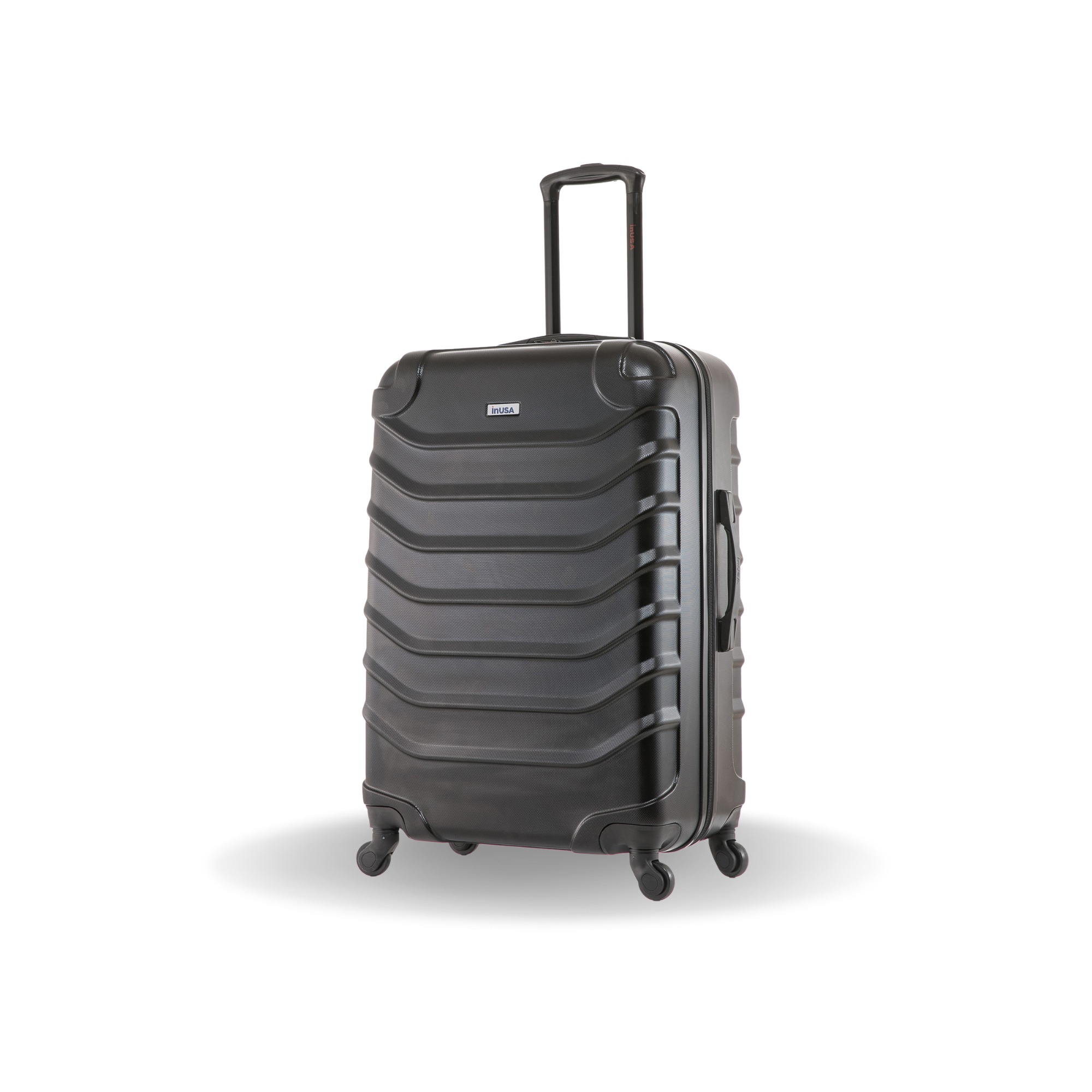 Black suitcase with a textured design on a white background