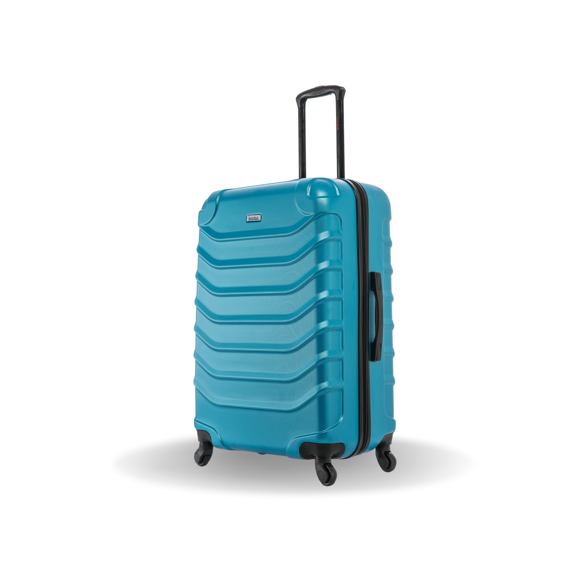 Blue suitcase with a black handle on a white background