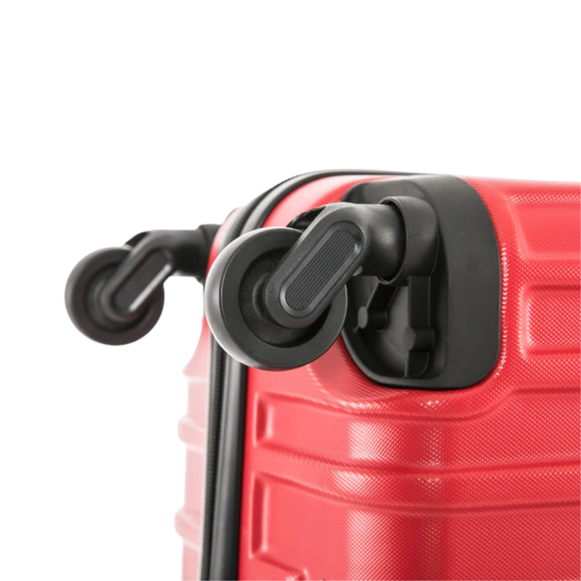 Close-up of a red suitcase handle on a white background