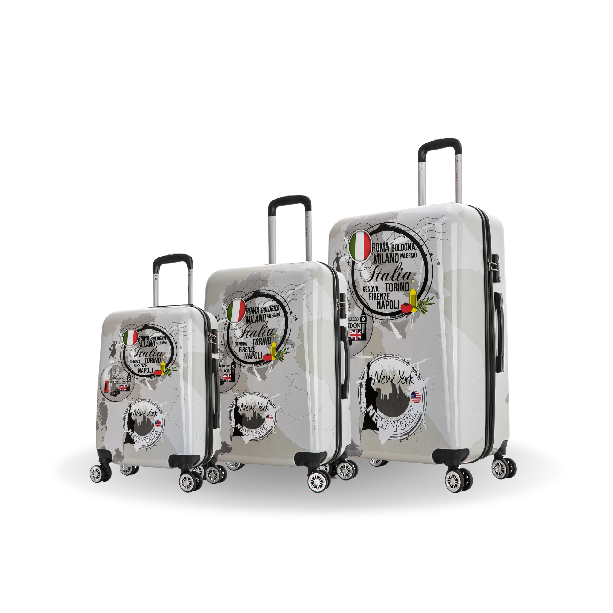 Set of three silver suitcases with travel-themed labels on a white background